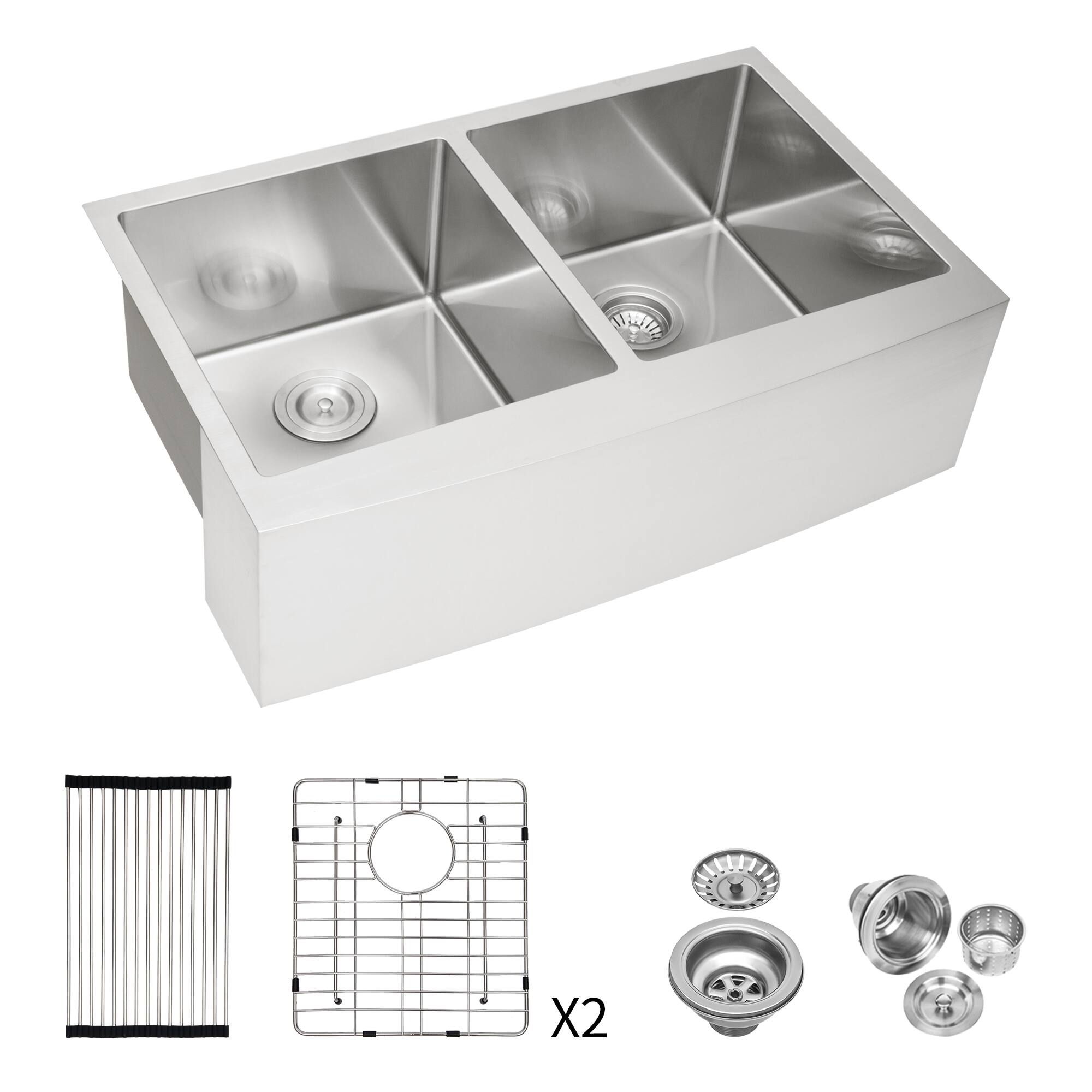Angle. Siljoy - Double Bowl (50/50) Farmhouse Sink - 33" x 21" x 10" Stainless Steel Apron Front Kitchen Sink 16 Gauge with Two Basin - Brushed Nickel.