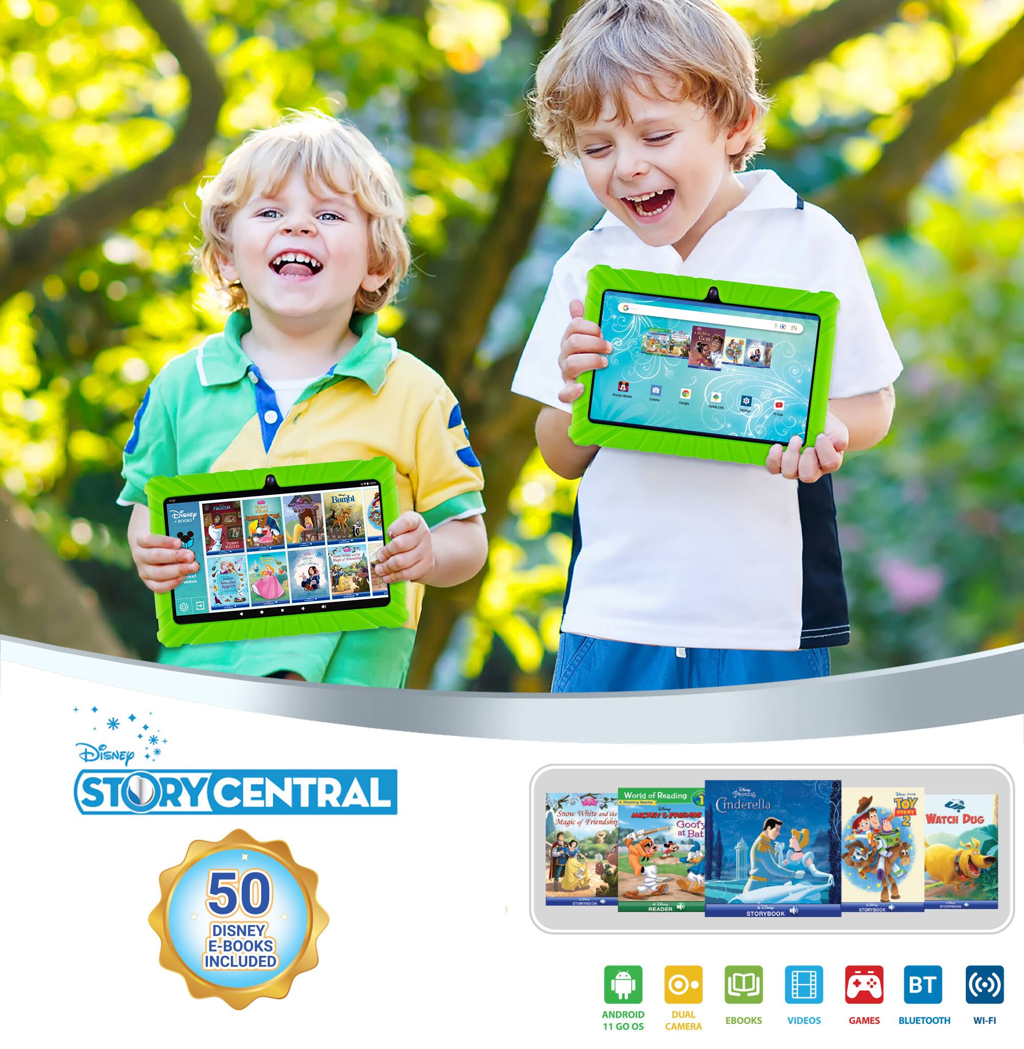 : - | - 1 Tade : : i | : DisNey STORY RY CENTRAL Wasd of Snading I Cinderella + - AETE do Ma + Foondsie ChooEs a I TO -E WATCH DOG 50 DISNEY E-BOOKS INCLUDED | - | : ANDROID DUAL 11 CO Or CAMERA BBOOKS VIDEOS | - : BT (.) GAMES BLLUETOOTH WI-HI