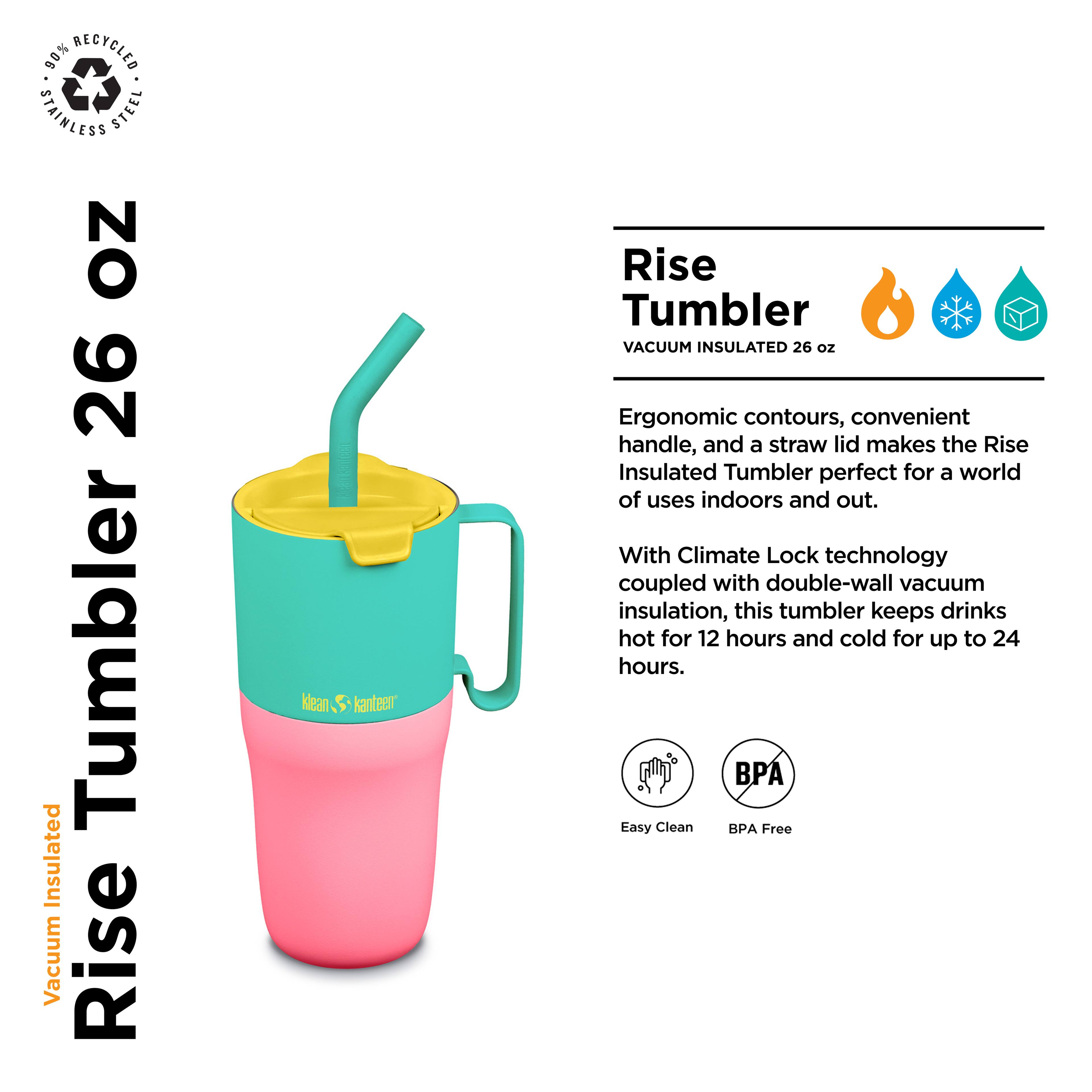 90% RECYCLED STAINLESS STEEL NO 26 Tumbler Insulated Vacuum Rise Tumbler VACUUM INSULATED 26 oz

Ergonomic contours, convenient handle, and a straw lid make the Rise Insulated Tumbler perfect for a world of uses indoors and out. With Climate Lock technology coupled with double-wall vacuum insulation, this tumbler keeps drinks hot for 12 hours and cold for up to 24 hours. PA Easy Clean BPA Free