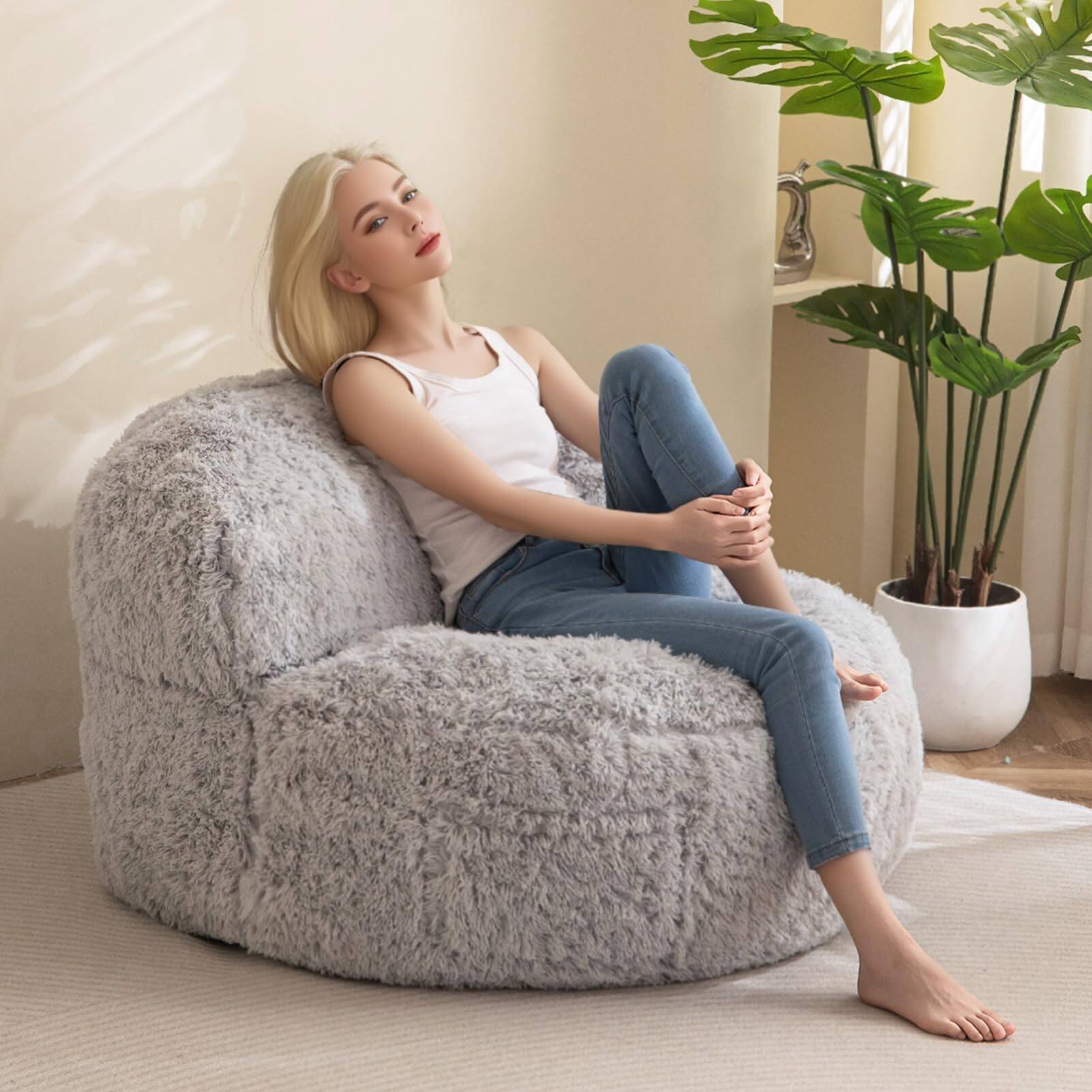 Alt View 5. PO3TICJUNKI3 - Giant Bean Bag Chair Faux Couch With Filler Large Living Room Chairs For Adults Big Lazy Sofa Accent Pocket - Grey.