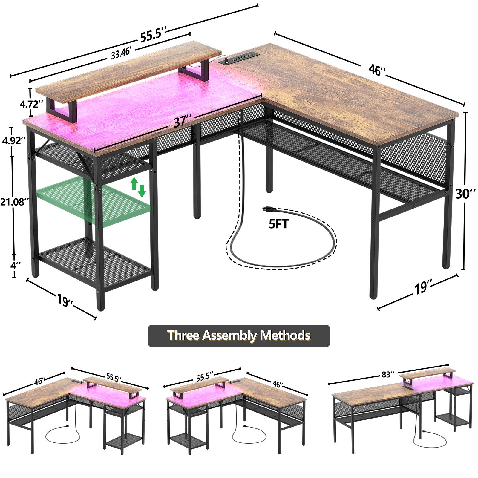 - T 4.72"
- T 4.92"
- 55.5"
- 33.46"
- 37"
- 46"
- 21.08"
- 30"
- 5FT
- T 4' T 19"
- 19"
- Three Assembly Methods
- 46"
- 55.5"
- 55.5"
- 46"
- 83"