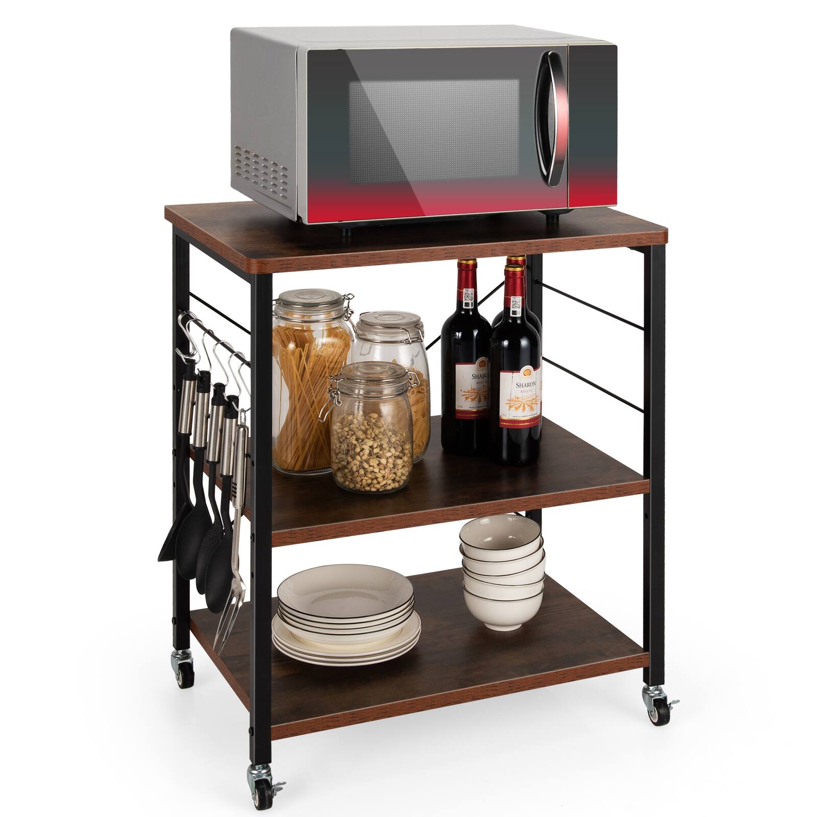 Costway - 3-Tier Kitchen Baker's Rack Microwave Oven Storage Cart w/ Hooks - Rustic Brown