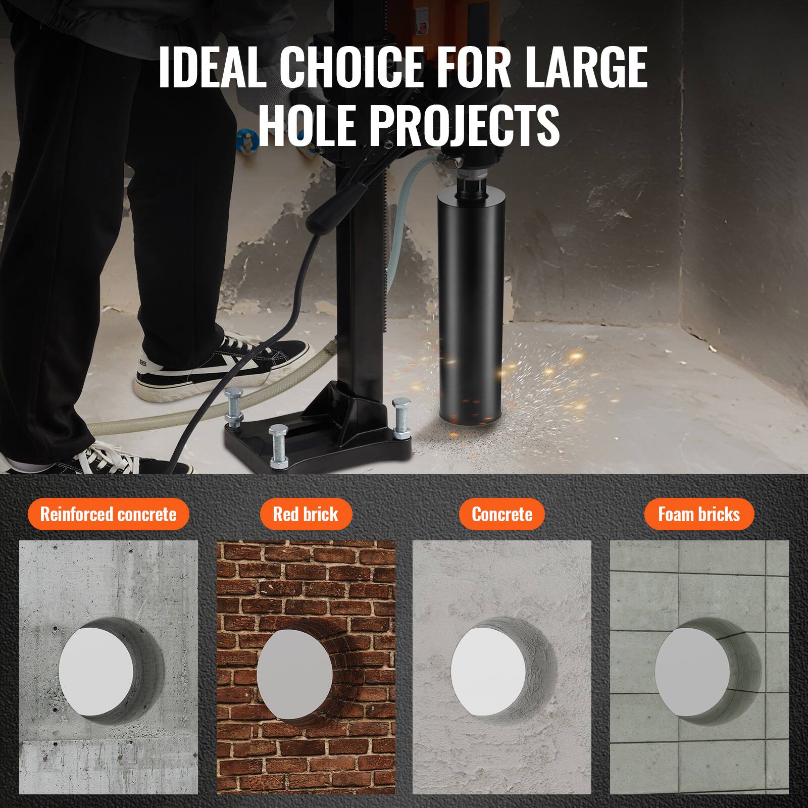 IDEAL CHOICE FOR LARGE HOLE PROJECTS

- Reinforced concrete
- Red brick
- Concrete
- Foam bricks