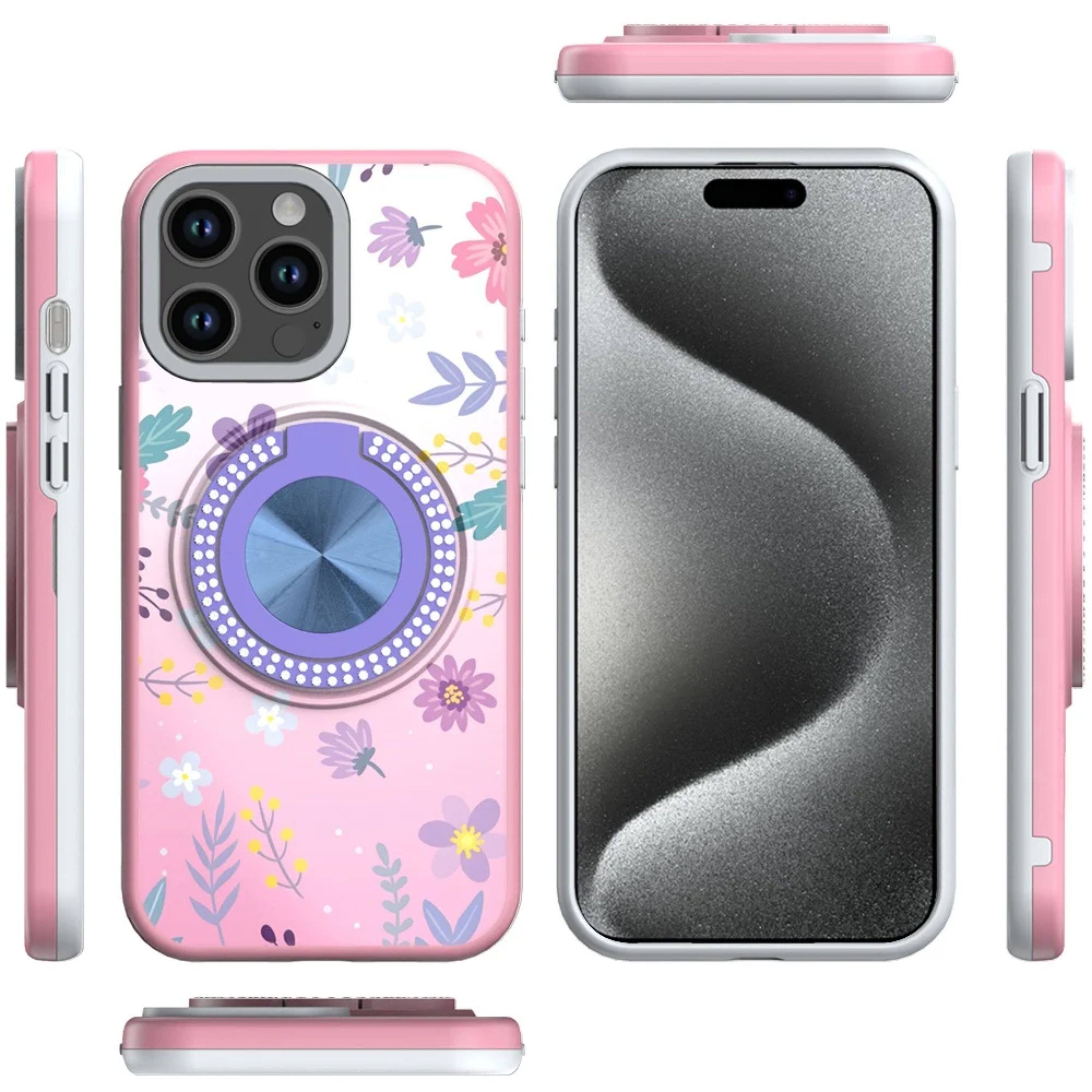 Angle. Kitcheniva - Printed Bling Stand Case With 2 Tempered Glass For iPhone 15 Pro Max Floral C - Multicolor.