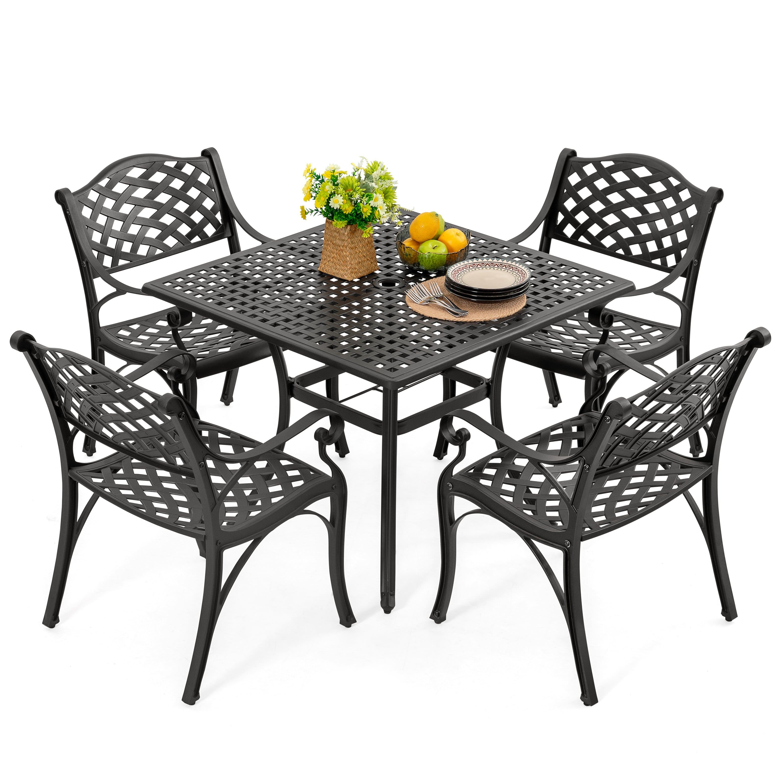 Nuu Garden - 5-Piece Cast Aluminum Patio Dining Set with Umbrella Hole and Wide Seat - Black with Gold Speckles