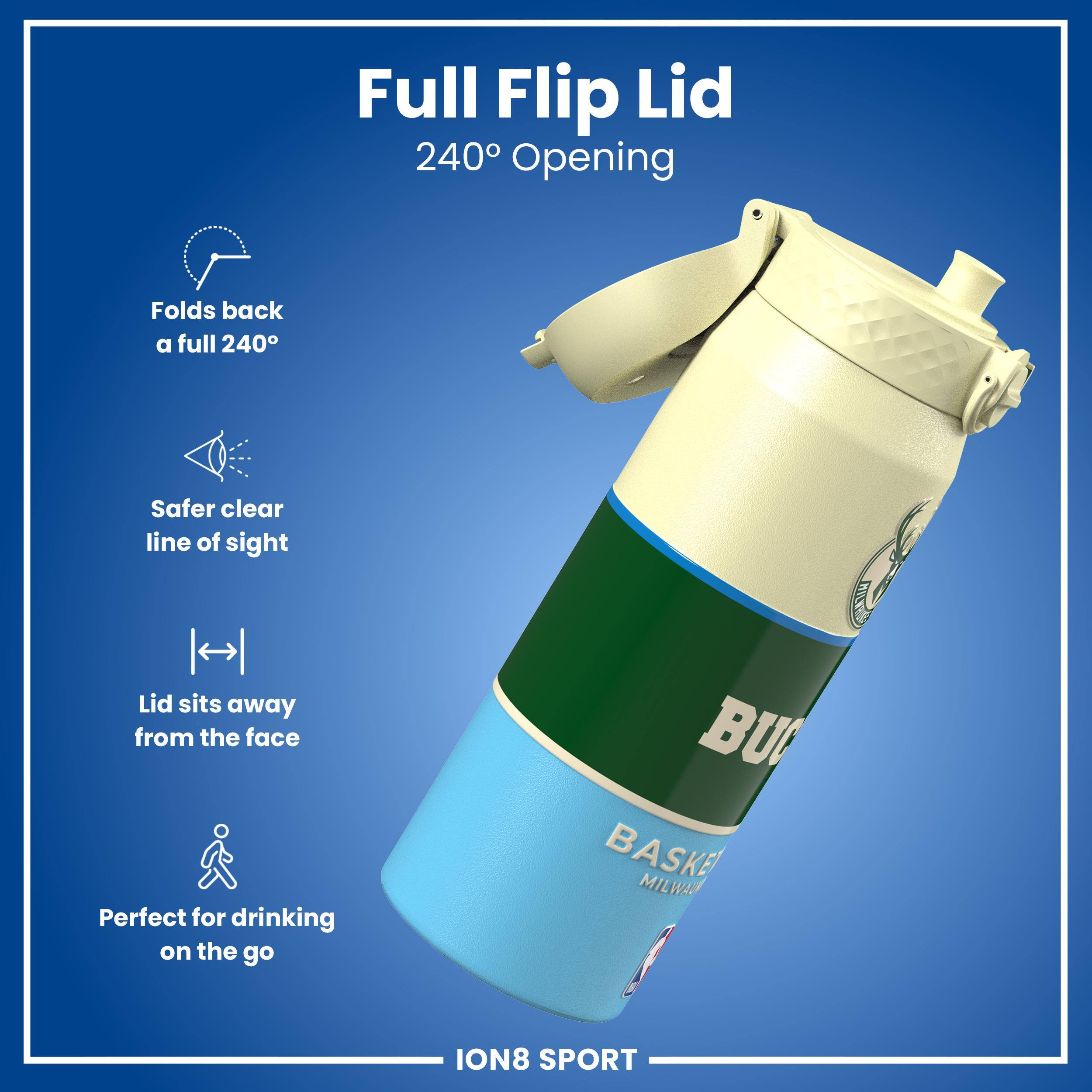 Full Flip Lid 240° Opening  
Folds back a full 240°  
Safer clear line of sight  
Lid sits away from the face  
Perfect for drinking on the go  

BU BASKETBALL MILWAUKEE  
ION8 SPORT