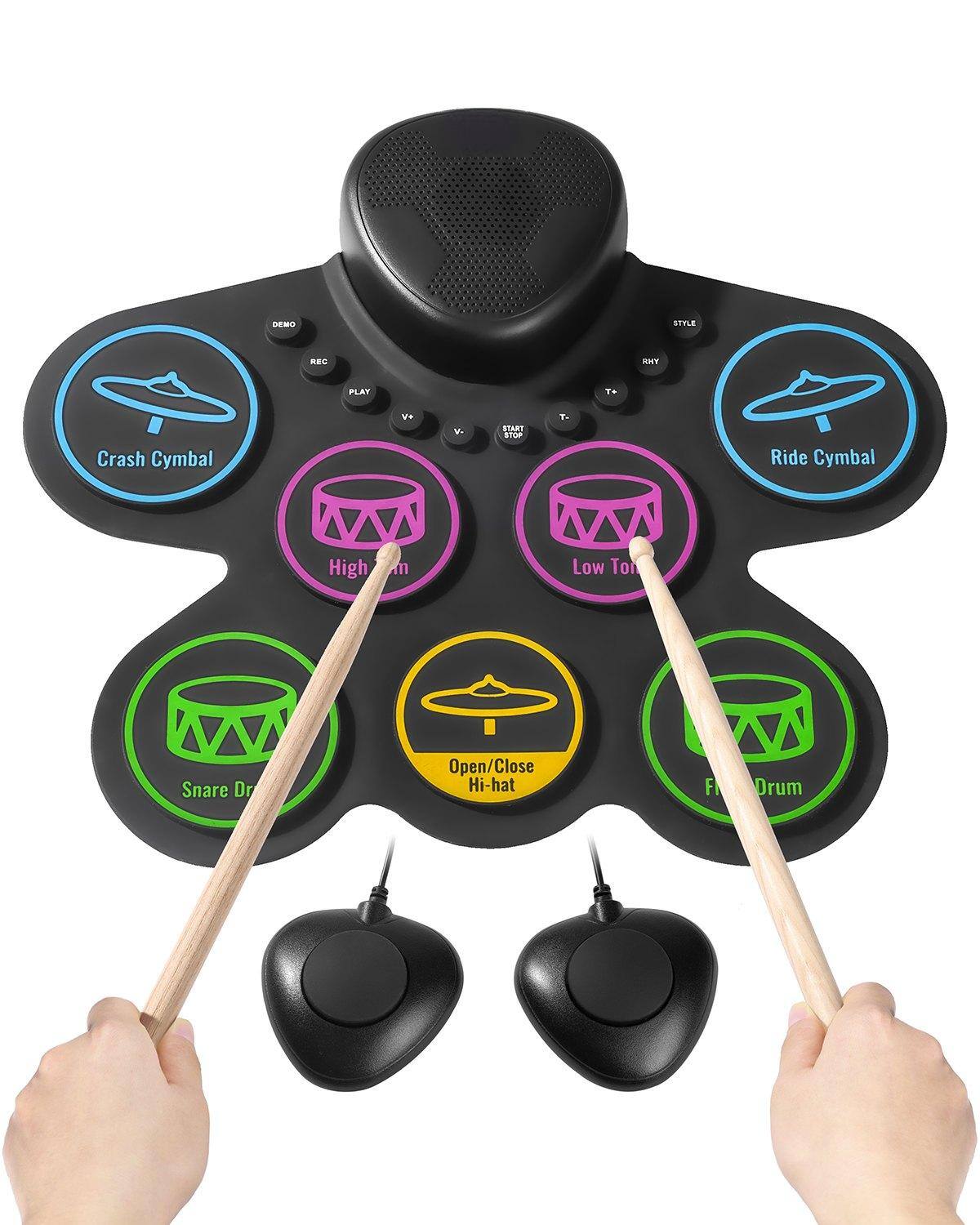 Glintex - Electric Drum Set 7 Pads Roll-up Electronic Drum Practice Pad with Headphone Jack Compact Kit for Beginner Players - Black