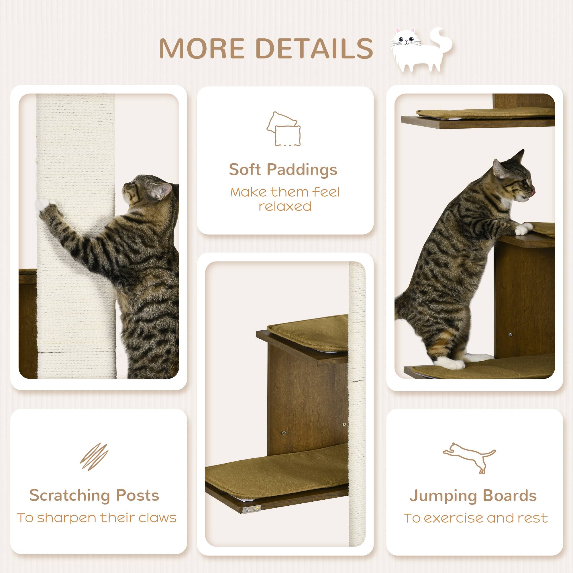 Alt View 1. Pawhut - Wall-Mounted Cat Tree, 4-Layer Cat Wall Shelves with Scratching Board, Kitten Activity Center with Cushions - Natural wood finish.