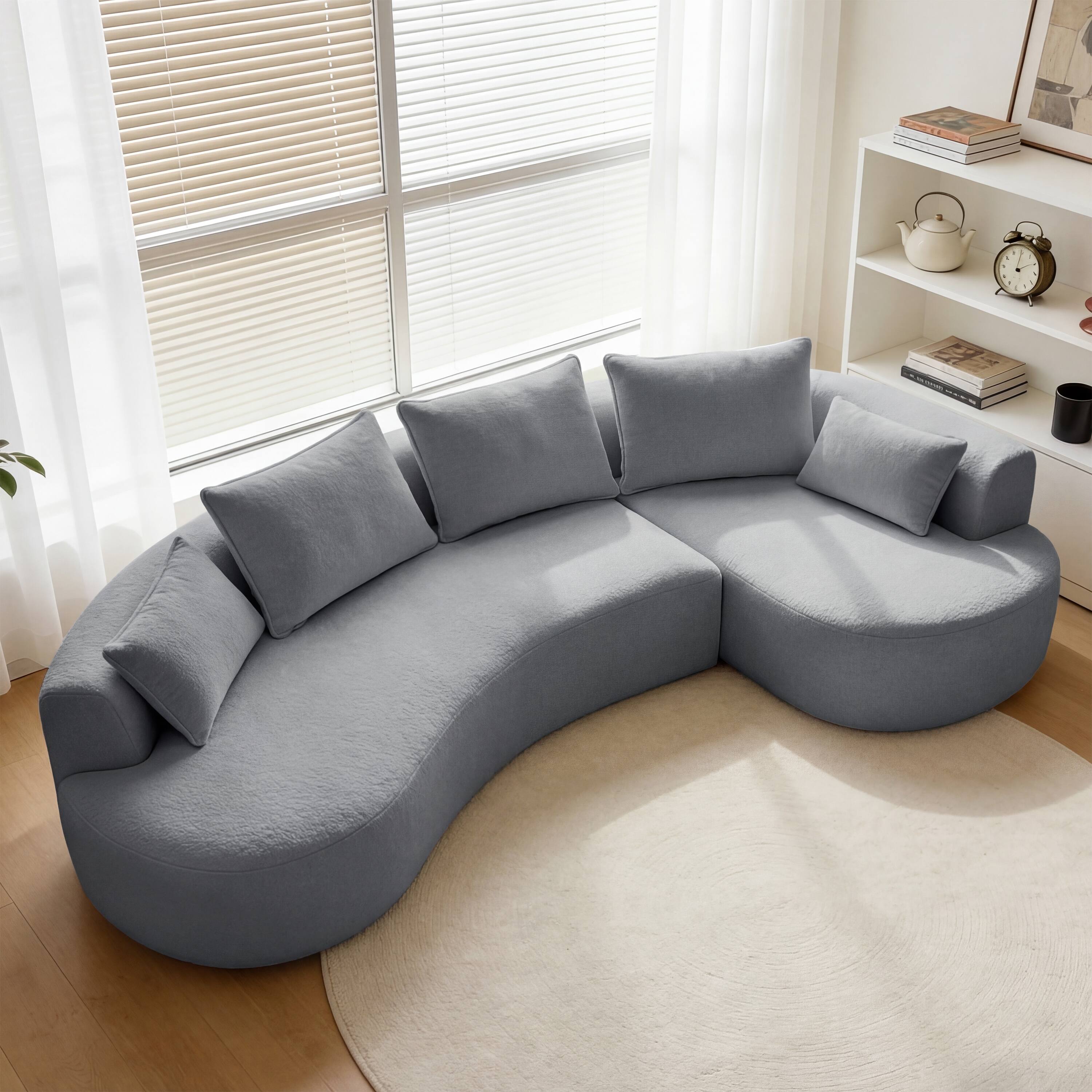 Back. Dyonery - 122" Modern Curved Sectional Sofa with Chaise, Boneless Couch with 5 Throw Pillows  for Living Room - Drak gray.