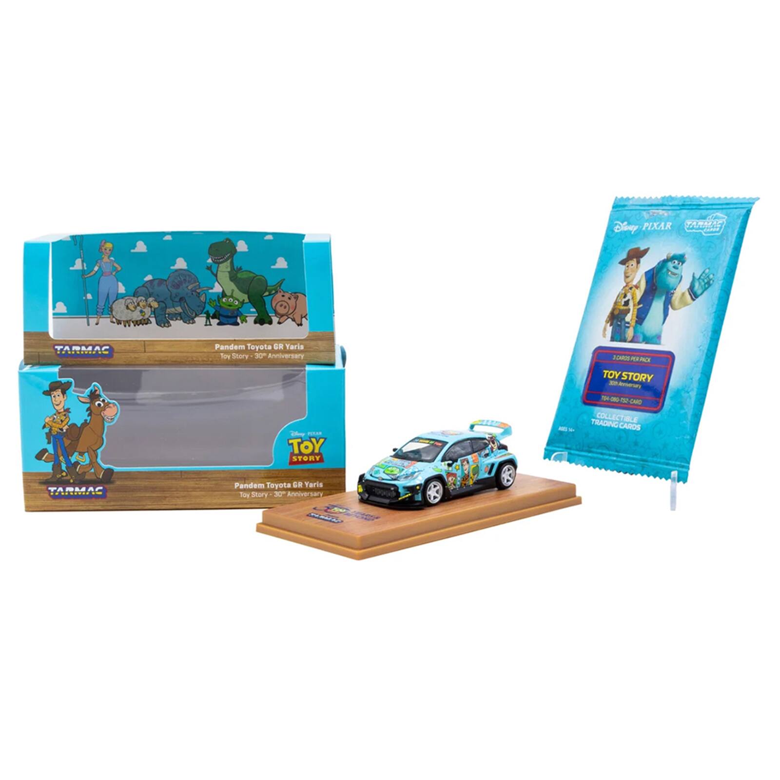 PIXAR TARMAC Disney  
TARMAC REJERNATE  
Pandem Toyota GR Yaris Toy Story 30th Anniversary Disney PIXAR TOY STORY  
ABA  
D CAROSPER PACK TOY STORY 30th Anniversary TRADING COLLECTIBLE CARDS  
TARMAC  
Pandem Toyota GR Yaris Toy Story 30th Anniversary