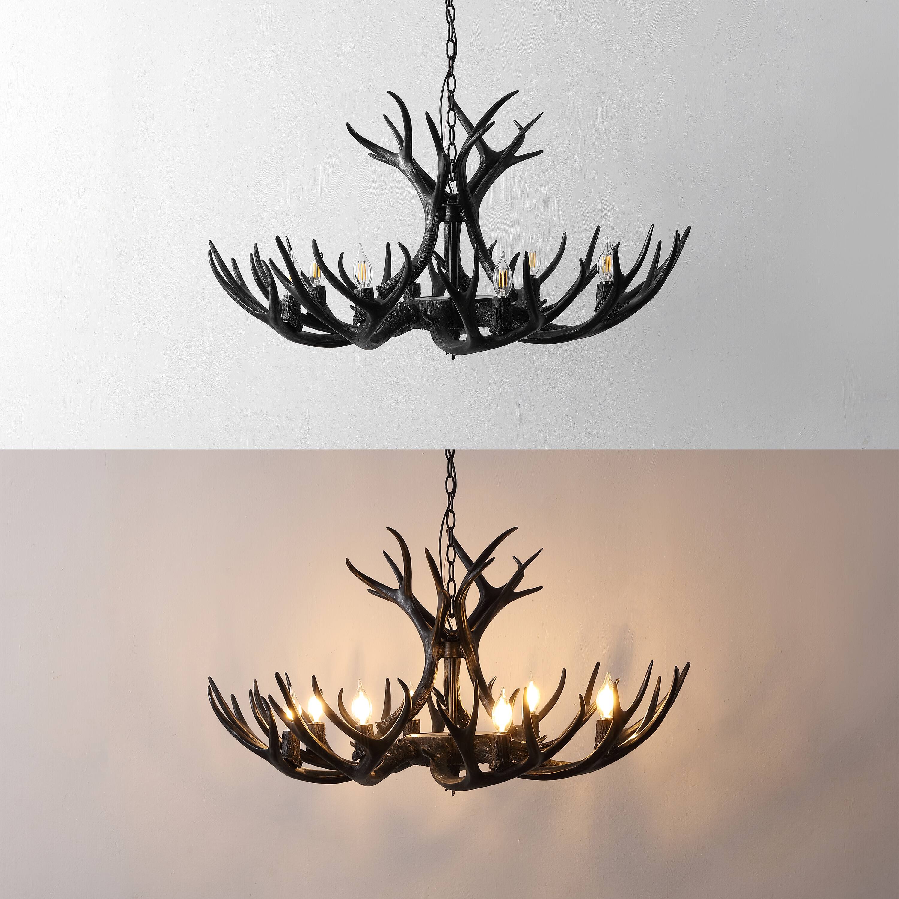Alt View 3. Jonathan Y - Eldora 36" 8-Light Rustic Farmhouse Adjustable Resin Antler LED Chandelier, Black - Black.