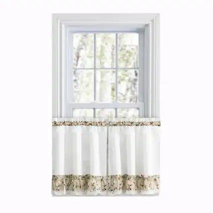 Front. Ellis Curtain - Ellis Curtain Cherries Ruffled 1.5" Rod Pocket Window Curtain Tiers 58"x36" Natural - Natural.