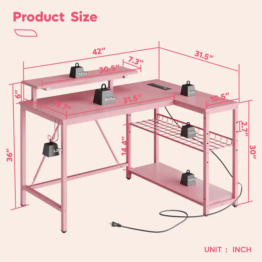 Pdcf Desk Bestier L Shaped Gaming Desk with Power Outlets LED Lights and ...