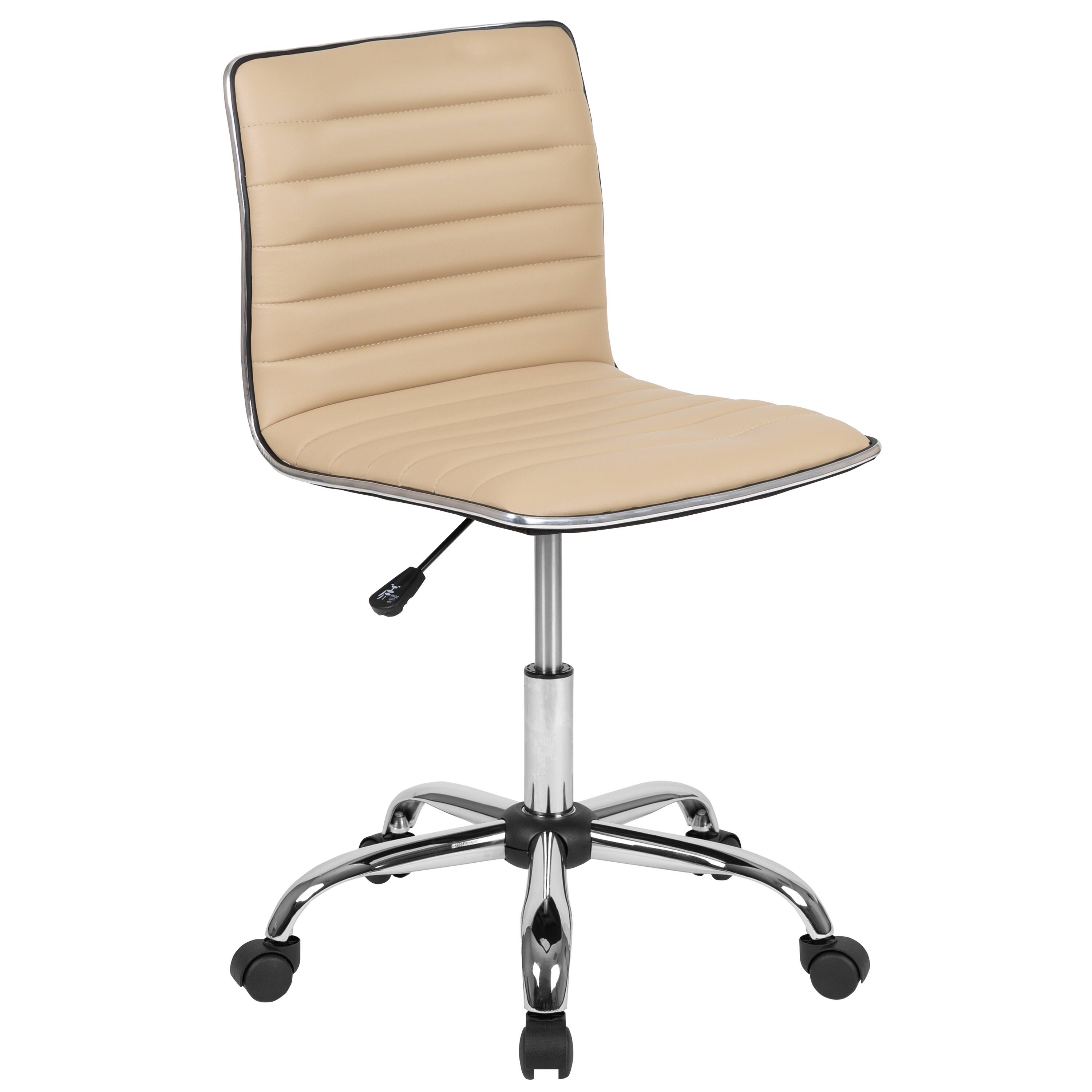 Front. Emma + Oliver - Low Back Designer Armless Ribbed Swivel Task Office Chair - Tan Vinyl/Chrome Frame.