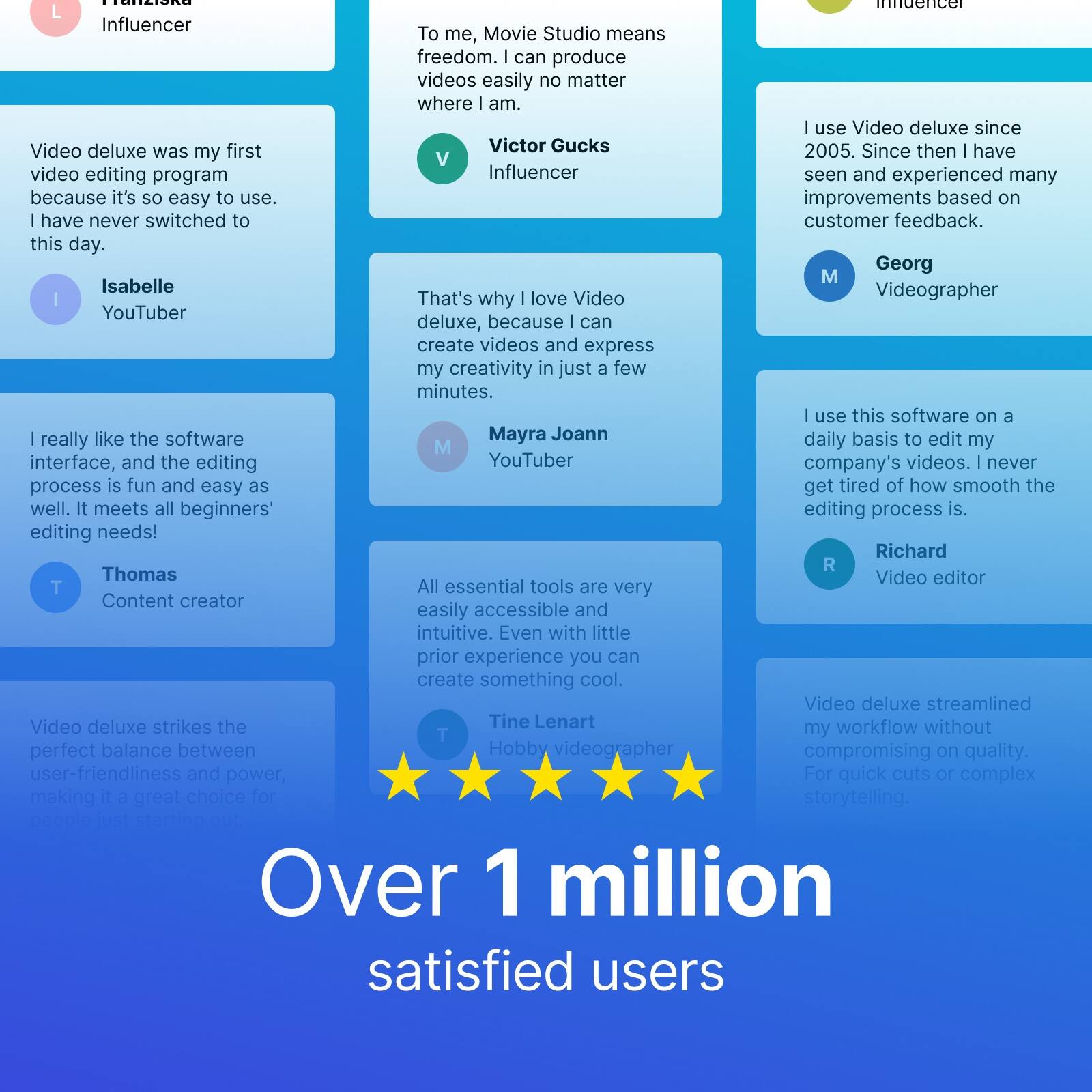 Sure, here is the corrected and grouped text:

---

**L**  
Influencer  
To me, Movie Studio means freedom. I can produce videos easily no matter where I am.

**V**  
Victor Gucks  
Influencer  
I use Video deluxe since 2005. Since then I have seen and experienced many improvements based on customer feedback.

**I**  
Isabelle  
YouTuber  
That's why I love Video deluxe, because I can create videos and express my creativity in just a few minutes.

**M**  
Mayra Joann  
YouTuber  
I really like the software interface, and the editing process is fun and easy as well. It meets all beginners' editing needs!

**G**  
Georg  
Videographer  
I use this software on a daily basis to edit my company's videos. I never get tired of how smooth the editing process is.

**T**  
Thomas  
Content creator  
All essential tools are very easily accessible and intuitive. Even with little prior experience you can create something cool.

**R**  
Richard  
Video editor  
Video deluxe streamlined my workflow without compromising on quality. For quick cuts or complex storytelling.

**T**  
Time Leant  
Hobbyist  
Video