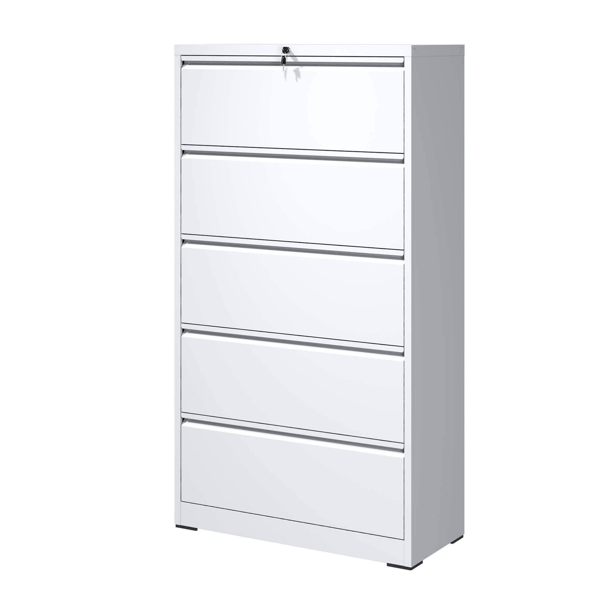 Angle. GOODSILO - Steel Lateral Filing Cabinet with Locking System for Legal/Letter Files - 5 Drawers - White.