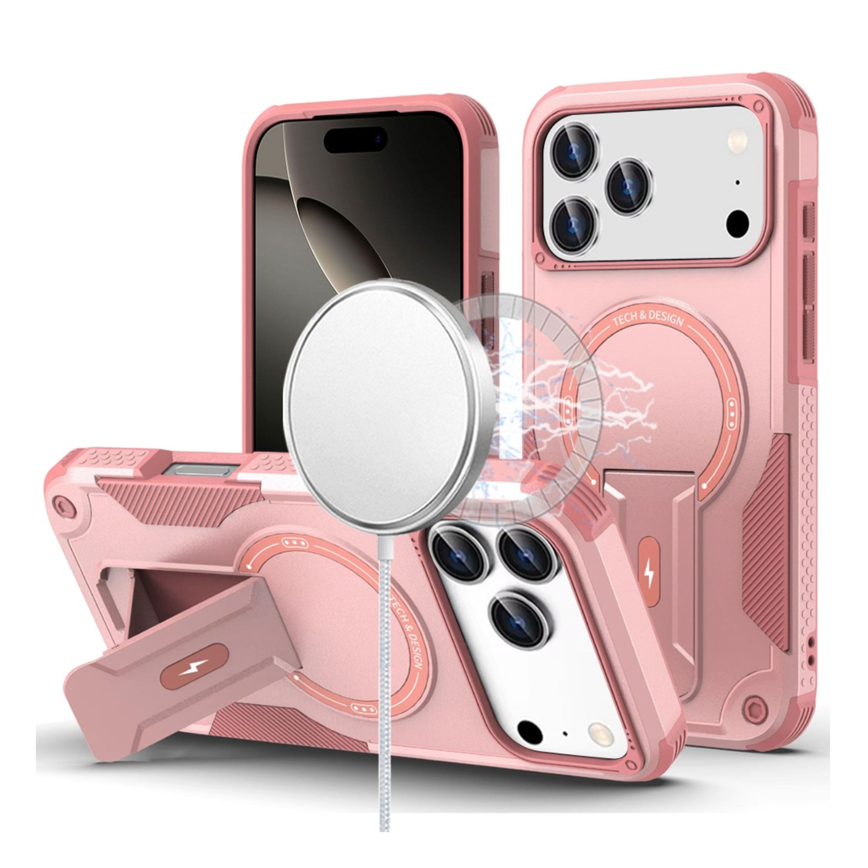 Kitcheniva - Shockproof Magnetic Circle Rugged Grip Kickstand Phone Case With Tempered Glass For iPhone 17 Pro Max - Pink price history on PriceWatchPro