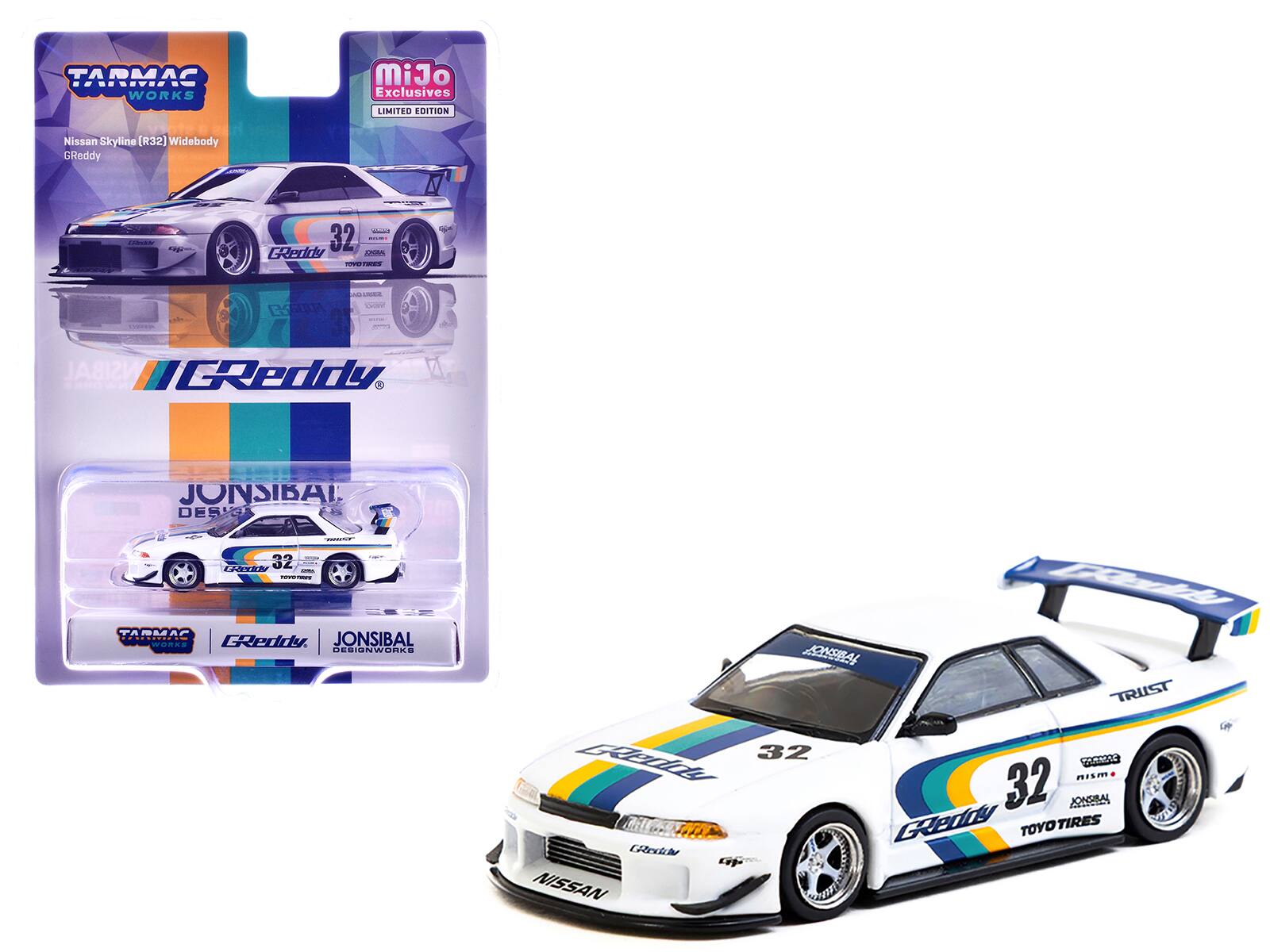 Nissan Skyline GT-R (R32) Widebody RHD #32 "Greddy - Jonsibal Designworks" White with Stripes 1/64 Model by Tarmac Works