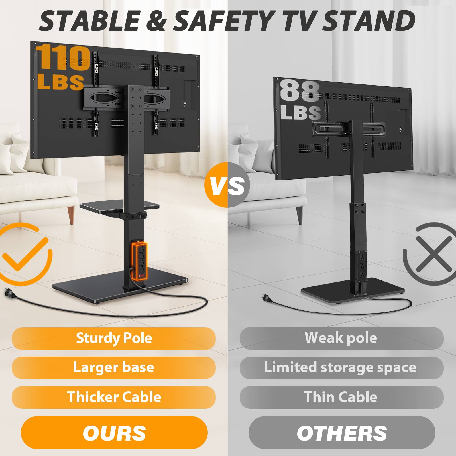 STABLE & SAFETY TV STAND

110 LBS

VS

88 LBS

Sturdy Pole
Larger base
Thicker Cable

OURS

Weak pole
Limited storage space
Thin Cable

OTHERS