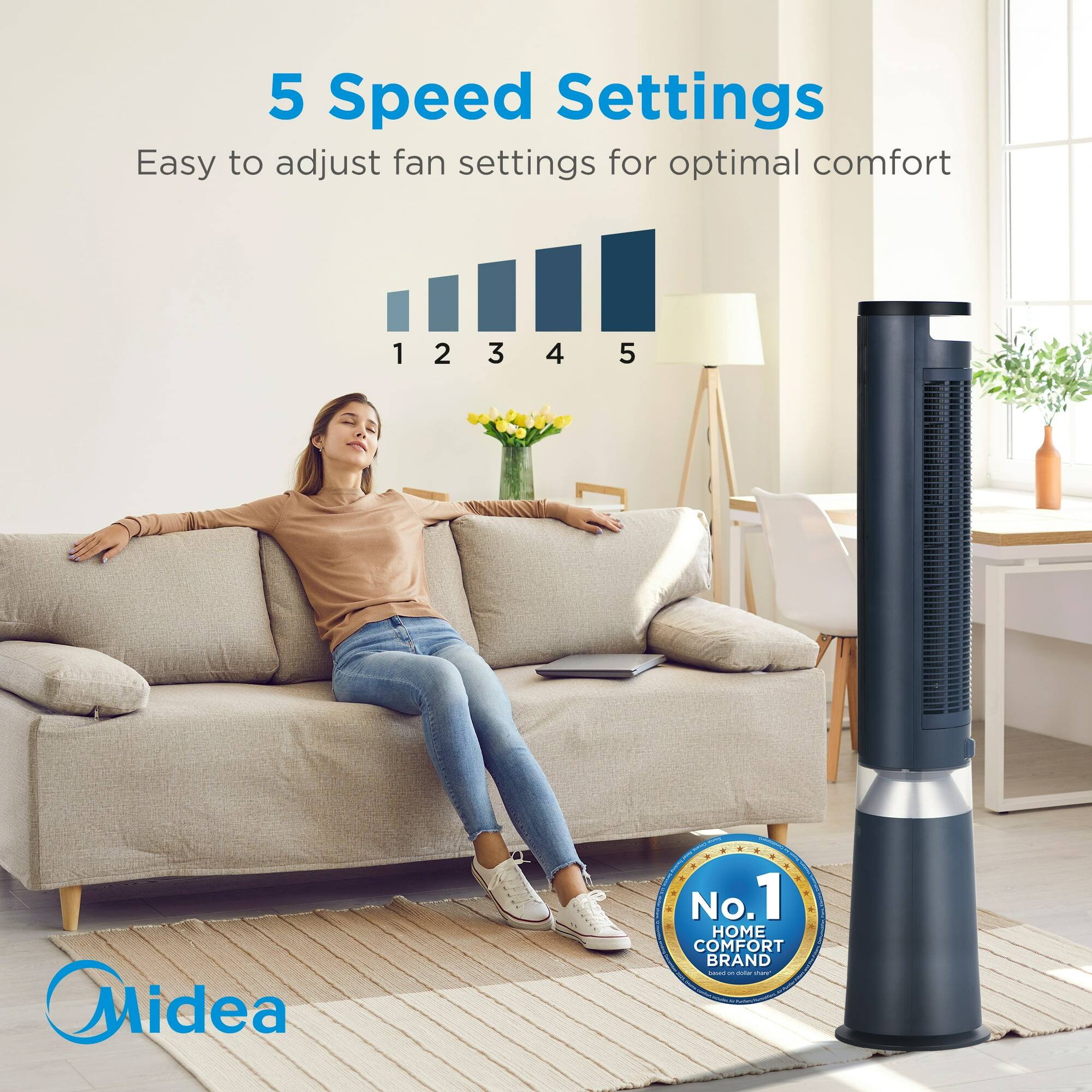 5 Speed Settings  
Easy to adjust fan settings for optimal comfort  
1 2 3 4 5  

Midea  
No. 1 HOME COMFORT BRAND