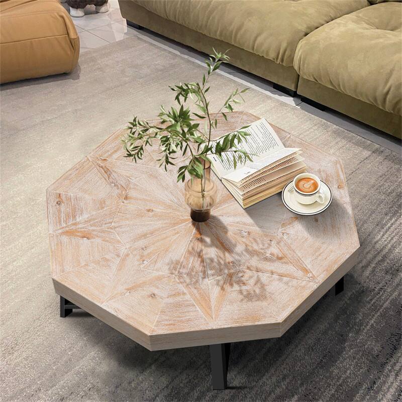 Angle. HTUTWOO - Wood Coffee Table - Vintage Patchwork Craft Farmhouse 30 Inch Wooden Table Top with Cross Metal Legs for Living Room - Oak.