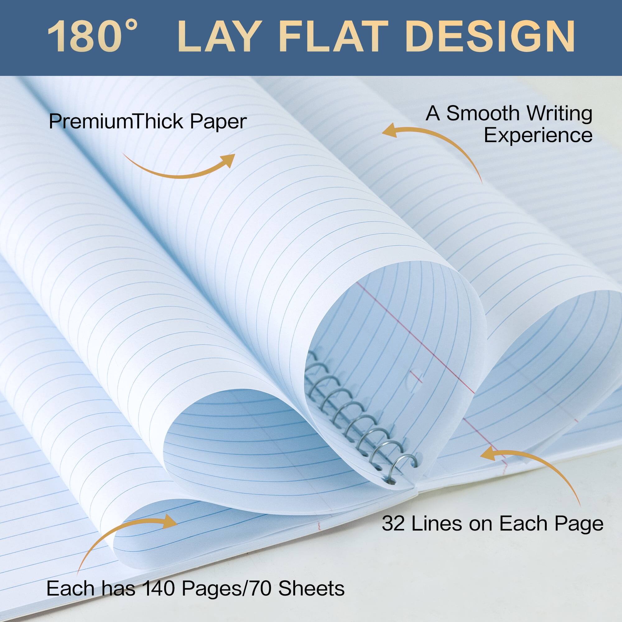 180° LAY FLAT DESIGN

Premium Thick Paper

A Smooth Writing Experience

32 Lines on Each Page

Each has 140 Pages/70 Sheets
