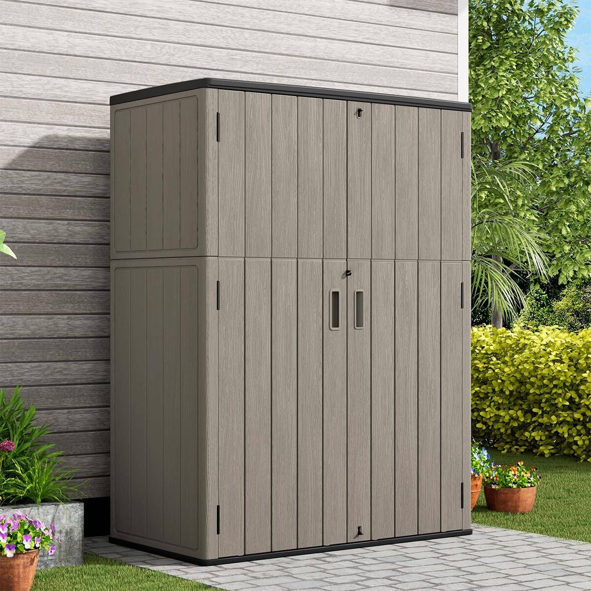 Angle. Yardgrace - 57 Cu.ft Outdoor Vertical Storage Shed, Waterproof Resin Cabinet, Lockable for Garden, Patio & Backyard Clearance - Brown.