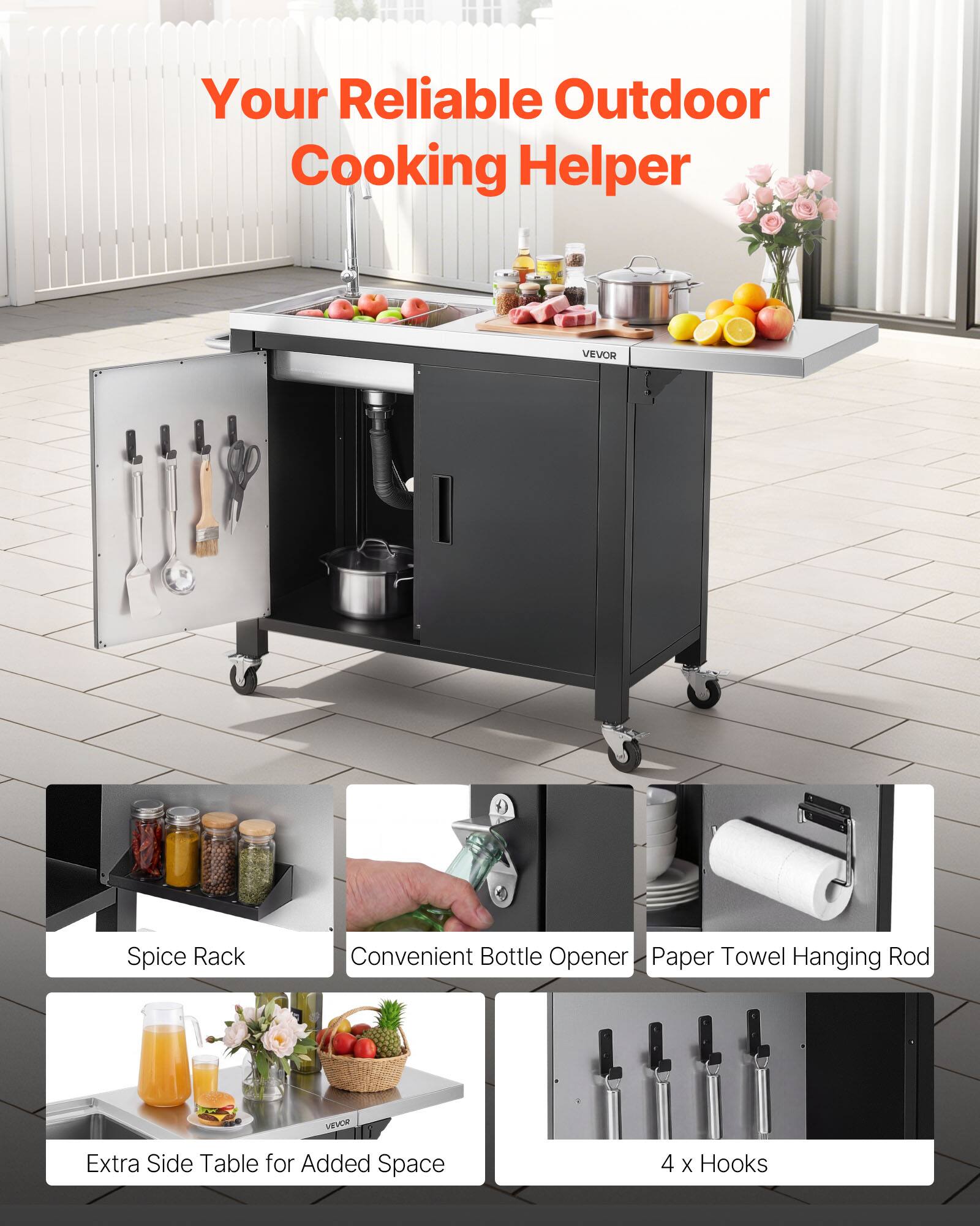 Your Reliable Outdoor Cooking Helper

VEVOR Spice Rack
Convenient Bottle Opener
Paper Towel Hanging Rod
VEVOR Extra Side Table for Added Space
4 x Hooks