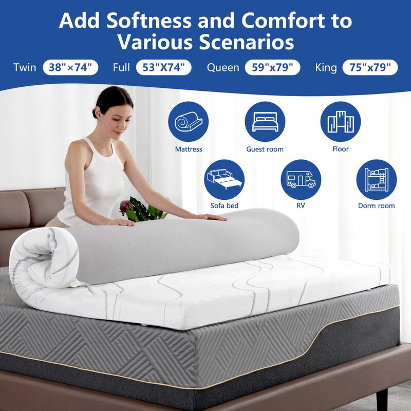 Add Softness and Comfort to Various Scenarios

Twin 38" x 74"  
Full 53" x 74"  
Queen 59" x 79"  
King 75" x 79"

- Mattress
- Guest room
- Floor
- Sofa bed
- RV
- Dorm room