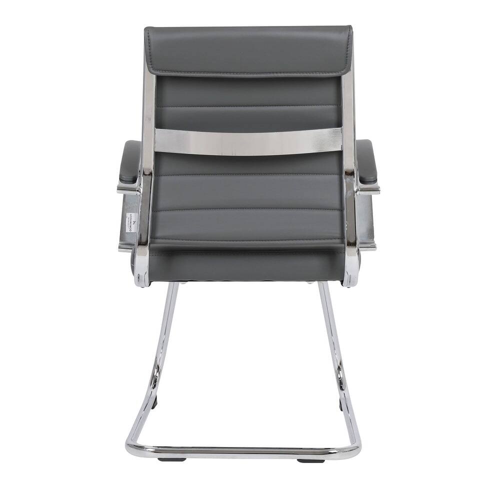 Alt View 6. LeisureMod - Benmar Office Chair, Ribbed Leather Upholstery with Chrome Arms and Sled Base, Modern Desk Seating for Home or Office - Grey.