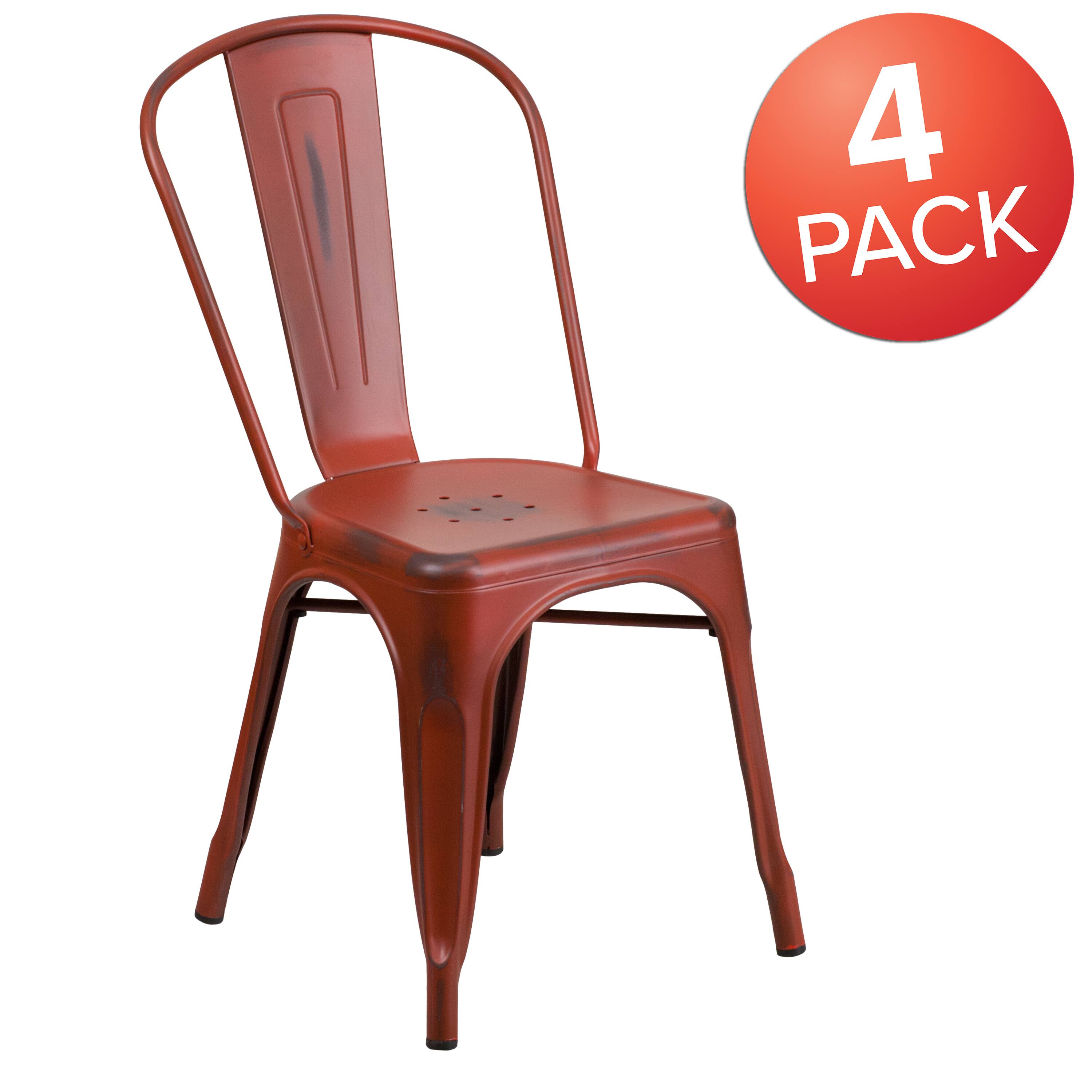 Alt View 1. Emma + Oliver - Commercial Grade 4 Pack Distressed Metal Indoor-Outdoor Stackable Chair - Kelly Red.