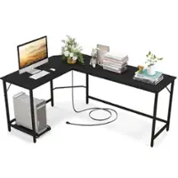 Costway L-shaped Gaming Desk Computer Desk with CPU Stand Power Outlets - Black - Front_Zoom