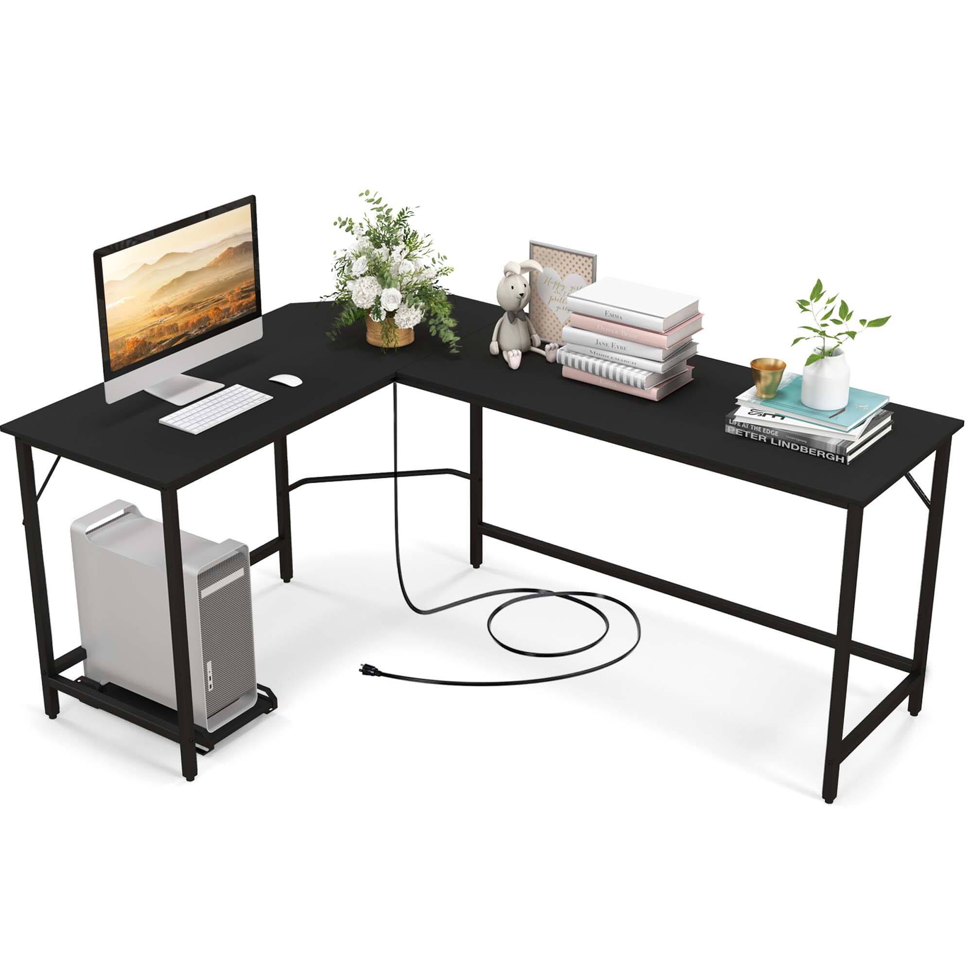 Costway - L-Shaped Gaming Desk with Power Outlets - Black