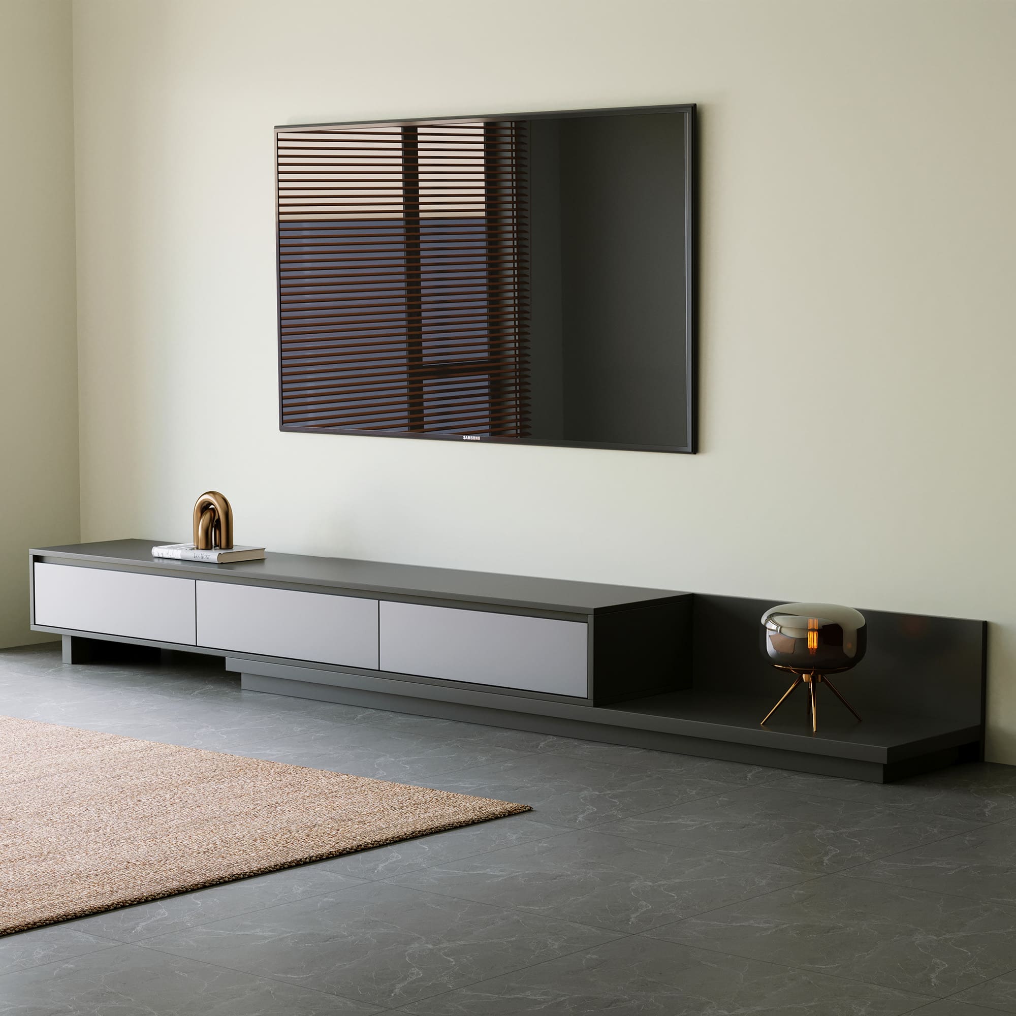 luck idea - 78.7-Inch Expandable TV Stand (Max Width 141.7") - 3 Storage Drawers - Gray