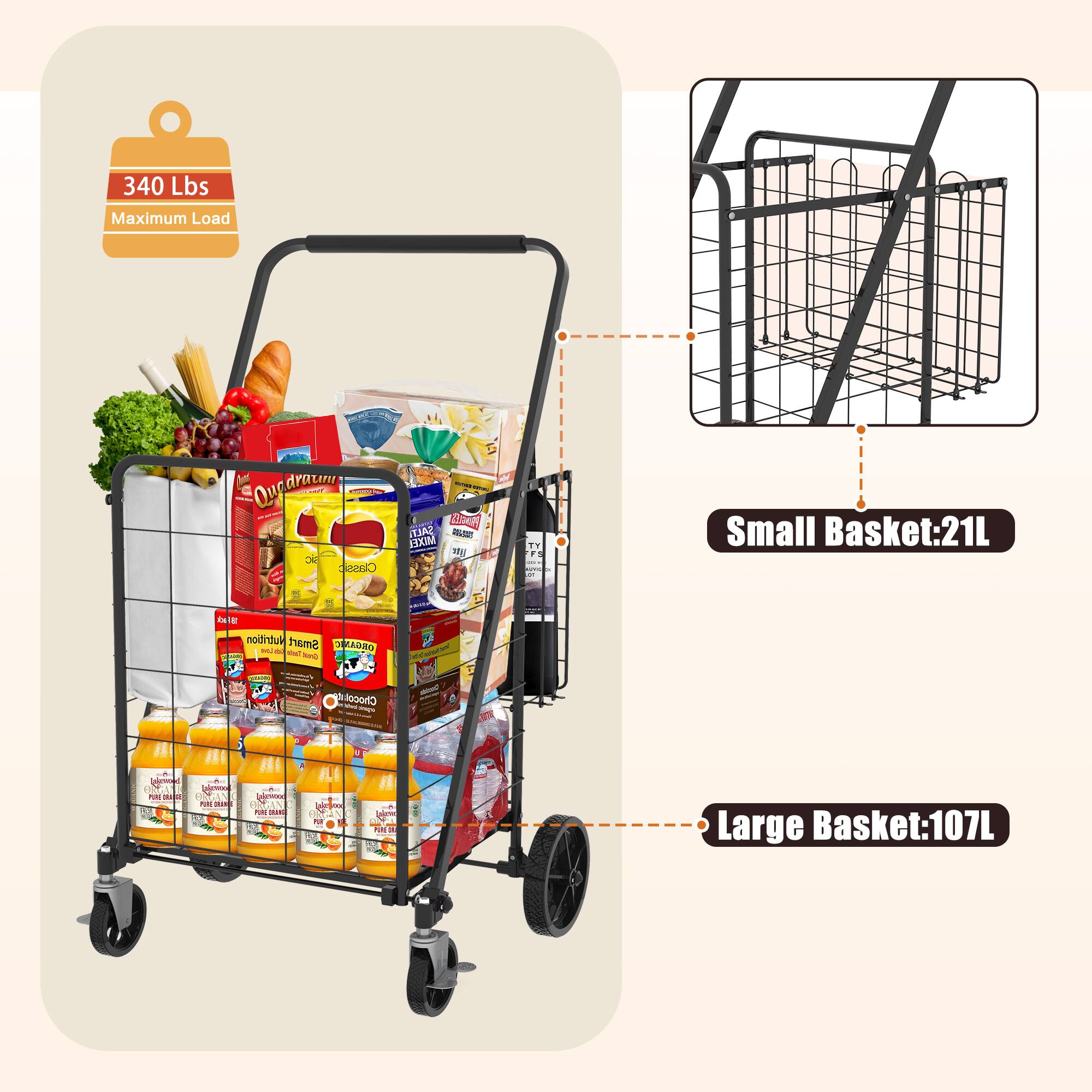 340 Lbs Maximum Load

Small Basket: 21L

Large Basket: 107L