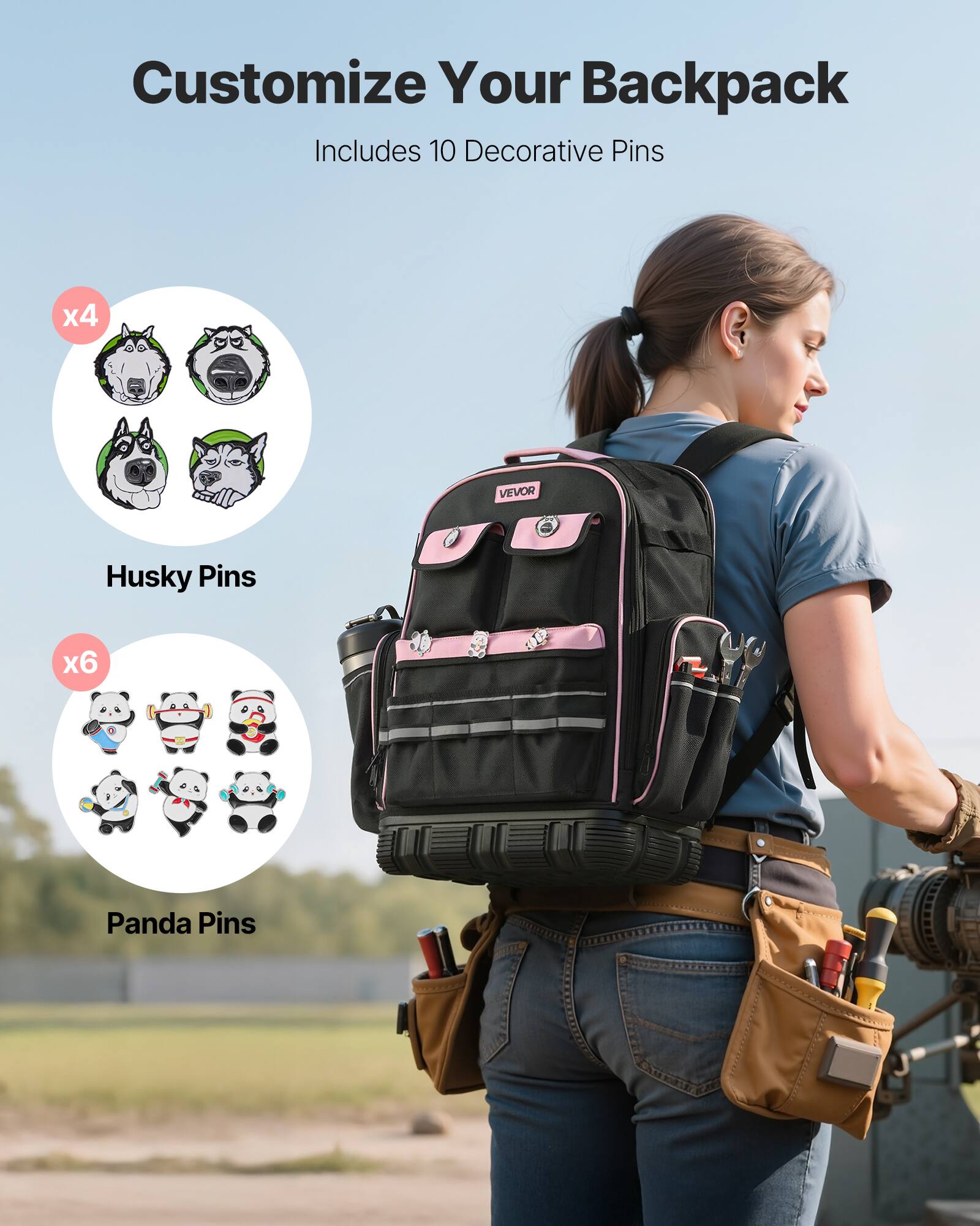 Customize Your Backpack  
Includes 10 Decorative Pins  

x4 Husky Pins  
x6 Panda Pins