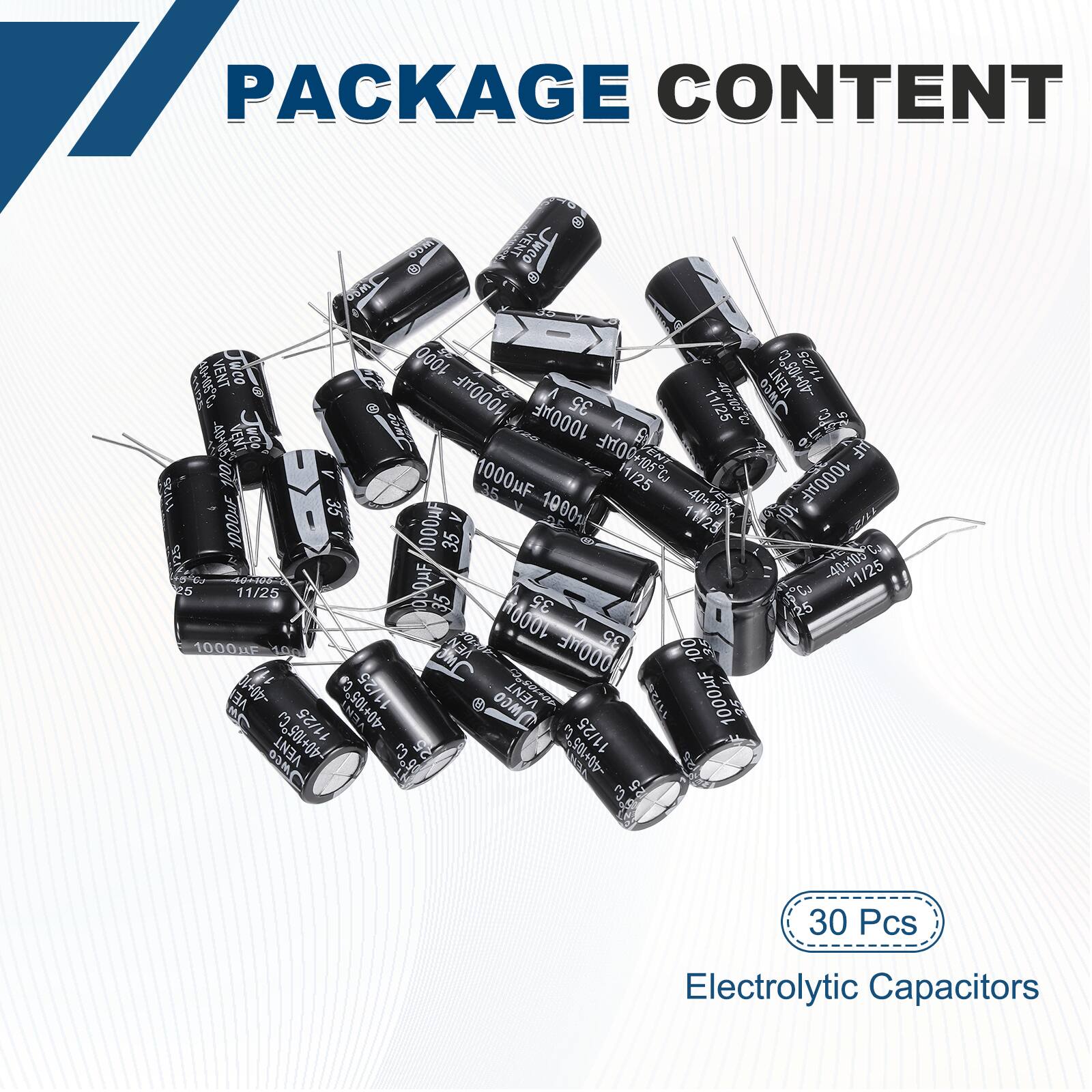 PACKAGE CONTENT

- 30 Pcs Electrolytic Capacitors

- 1000uF 35V 11/25
- 1000uF 35V 11/25
- 1000uF 35V 11/25
- 1000uF 35V 11/25
- 1000uF 35V 11/25
- 1000uF 35V 11/25
- 1000uF 35V 11/25
- 1000uF 35V 11/25
- 1000uF 35V 11/25
- 1000uF 35V 11/25
- 1000uF 35V 11/25
- 1000uF 35V 11/25
- 1000uF 35V 
