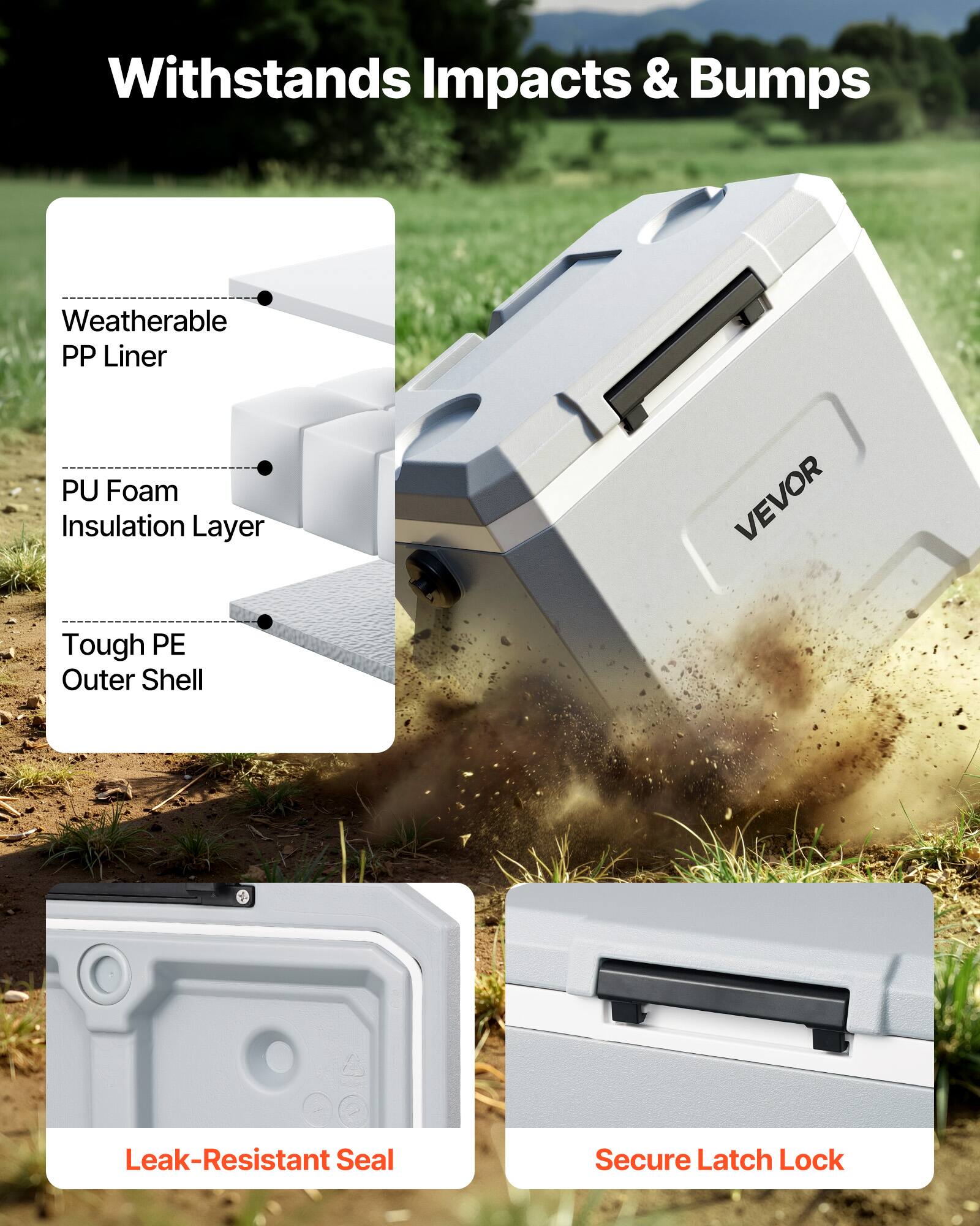 Withstands Impacts & Bumps

- Weatherable PP Liner
- PU Foam Insulation Layer
- Tough PE Outer Shell
- Leak-Resistant Seal
- Secure Latch Lock
