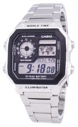 WORLD TIME
CASIO
5 ALARMS
LIGHT
ADJUST
WR100M
MODE
PM
9:18 08
SEARCH
10 YEAR BATTERY
ILLUMINATOR