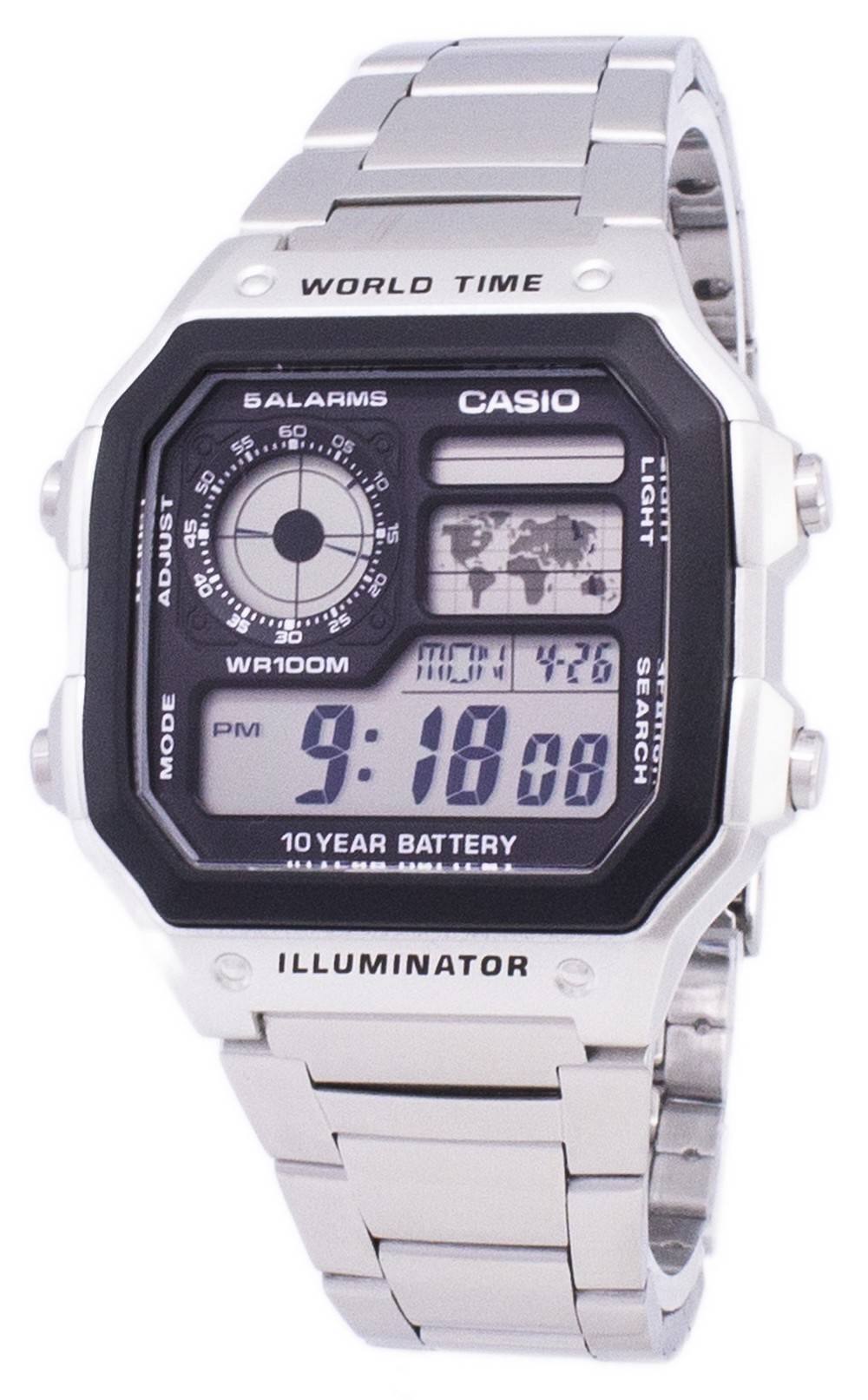 WORLD TIME  
CASIO  
5 ALARMS  
LIGHT  
ADJUST  
WR100M  
MODE  
PM  
9:18 08  
SEARCH  
10 YEAR BATTERY  
ILLUMINATOR