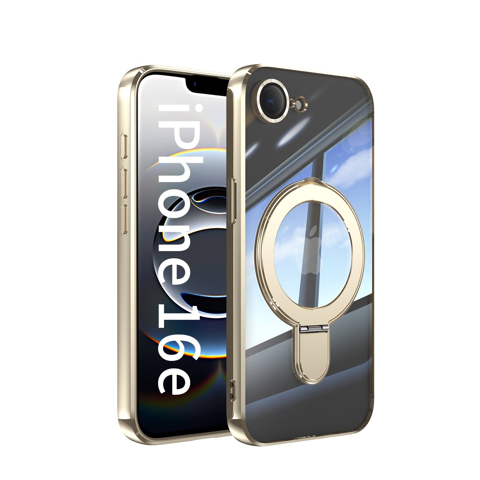 Front. Dteck - Clear Mag Safe Case for Apple iPhone 17e / 16e,Transparent Back Plated Bumper Shockproof Metal Stand Cover + Lens Film - Gold.