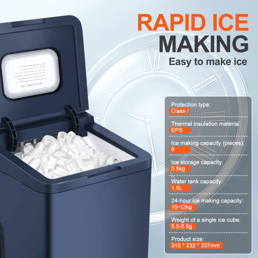 FIRST 3HOUR RAPID ICE MAKING  
Easy to make ice  
Protection type: Class I  
Thermal insulation material: EPS  
Ice making capacity (pieces): 9  
Ice storage capacity: 0.5kg  
Water tank capacity: 1.5L  
24-hour ice making capacity: 10-12kg  
Weight of a single ice cube: 5.5-6.5g  
Product size: 315 x 232 x 337mm