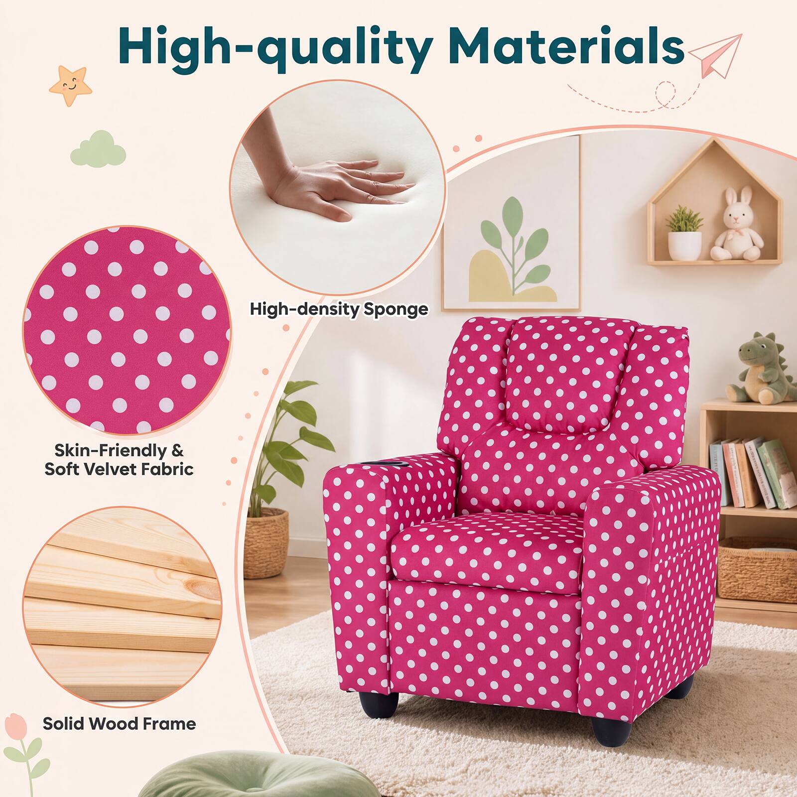 High-quality Materials
High-density Sponge
Skin-Friendly & Soft Velvet Fabric
Solid Wood Frame