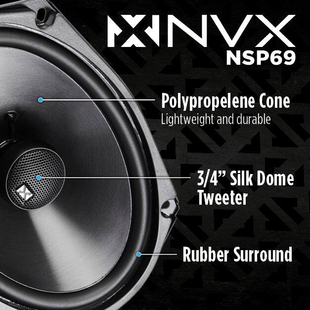 XNVX NSP69  
Polypropylene Cone  
Lightweight and durable  
3/4" Silk Dome Tweeter  
Rubber Surround