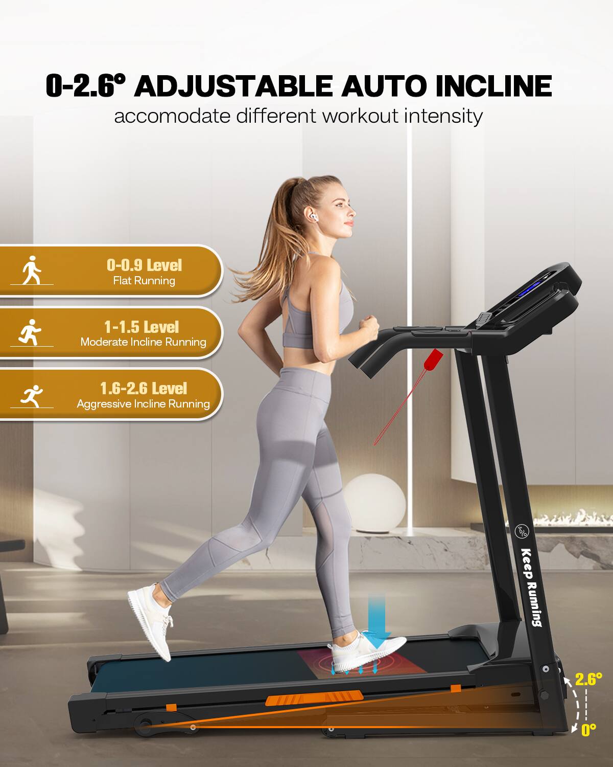 0-2.6° ADJUSTABLE AUTO INCLINE  
accomodate different workout intensity

- 0-0.9 Level  
  Flat Running

- 1-1.5 Level  
  Moderate Incline Running

- 1.6-2.6 Level  
  Aggressive Incline Running

Keep Running  
2.6°  
0°