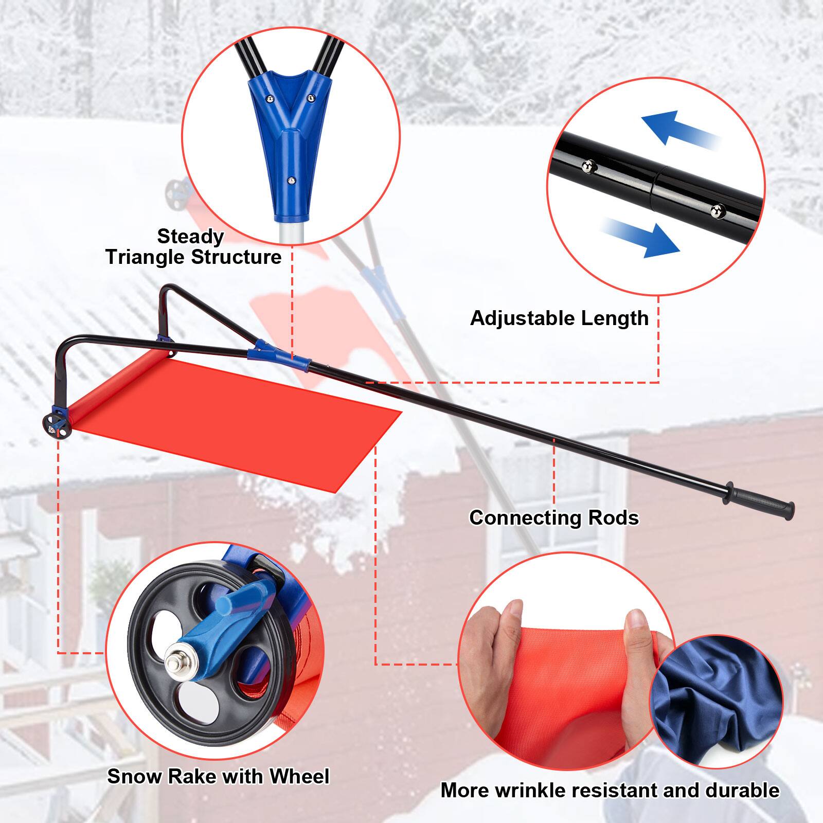 Steady Triangle Structure, Adjustable Length, Connecting Rods, Snow Rake with Wheel, More wrinkle resistant and durable