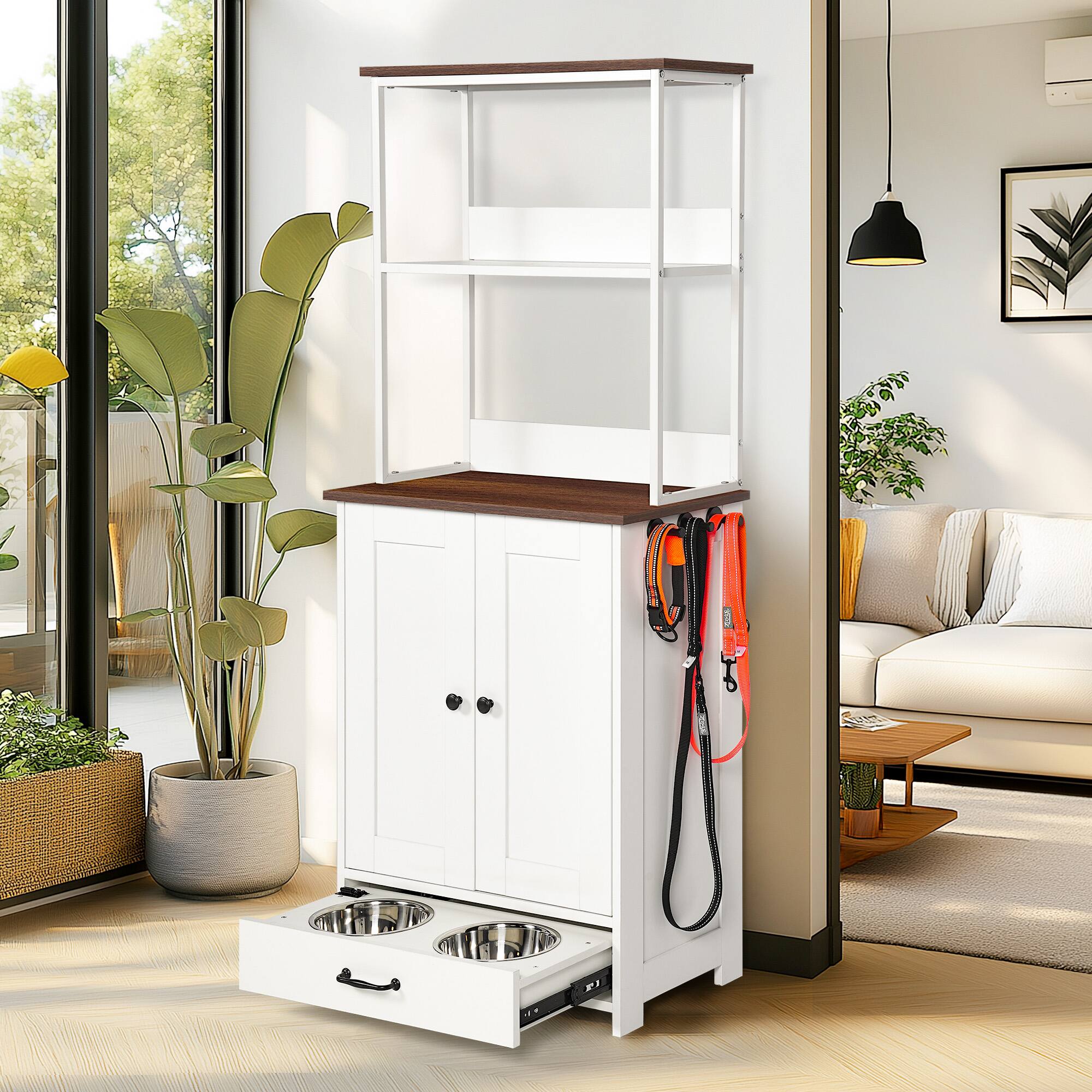 Angle. Yardgrace - Adjustable Pet Feeding Station with Bowls Dog and Cat Feeder with 2 Level Storage Shelves White - White.