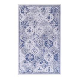 HTUTWOO - Washable Rug 5x8 - Chenille Area Rug,Machine Washable, Non-Slip TPR Backing,Low Pile 0.14" for Living Room,Kids Friendly - Blue