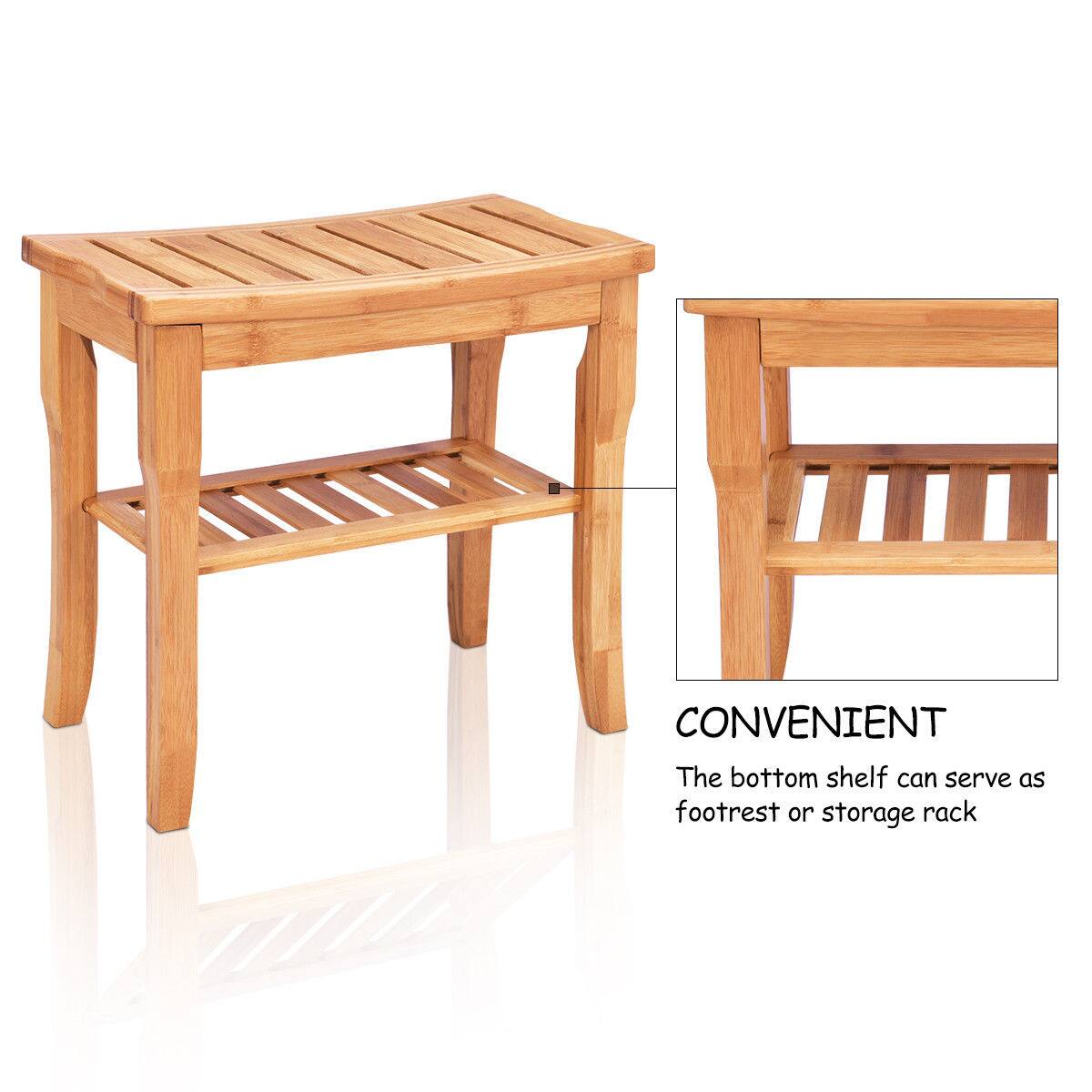 The text on the image reads "CONVENIENT The bottom shelf can serve as footrest or storage rack."