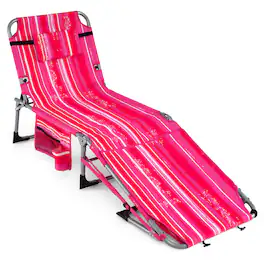 Costway - Outdoor Folding Chaise 4-Position Lounge Chair with Face Hole &Adjustable Footrest - Pink Stripe
